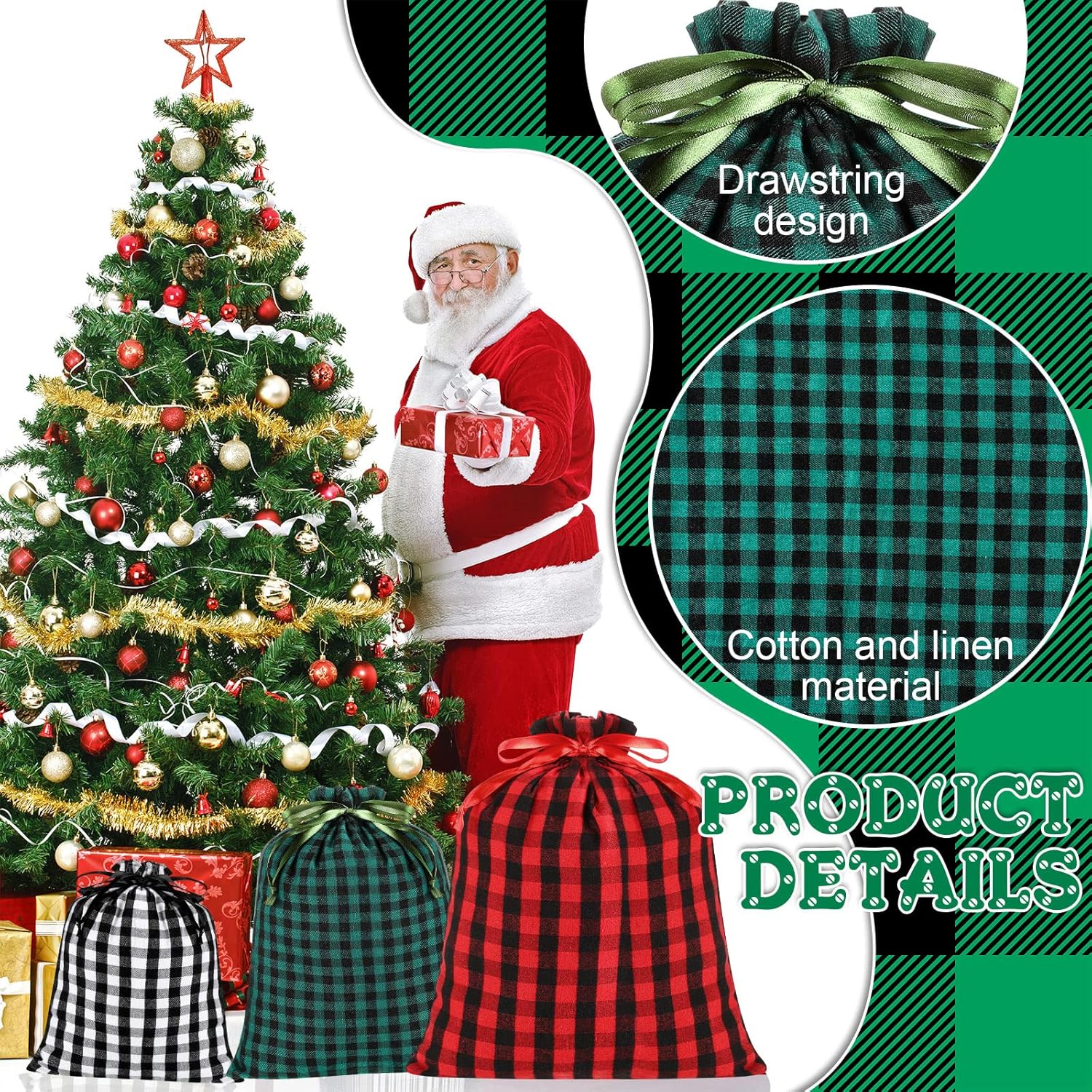 Zhengmy 30 Pcs Christmas Cotton Plaid Large Size Drawstring Bags Storage Sack Present Stocking Storage Cotton Buffalo Plaid Christmas Drawstring Bag for Xmas Gift Party Favors(Normal)