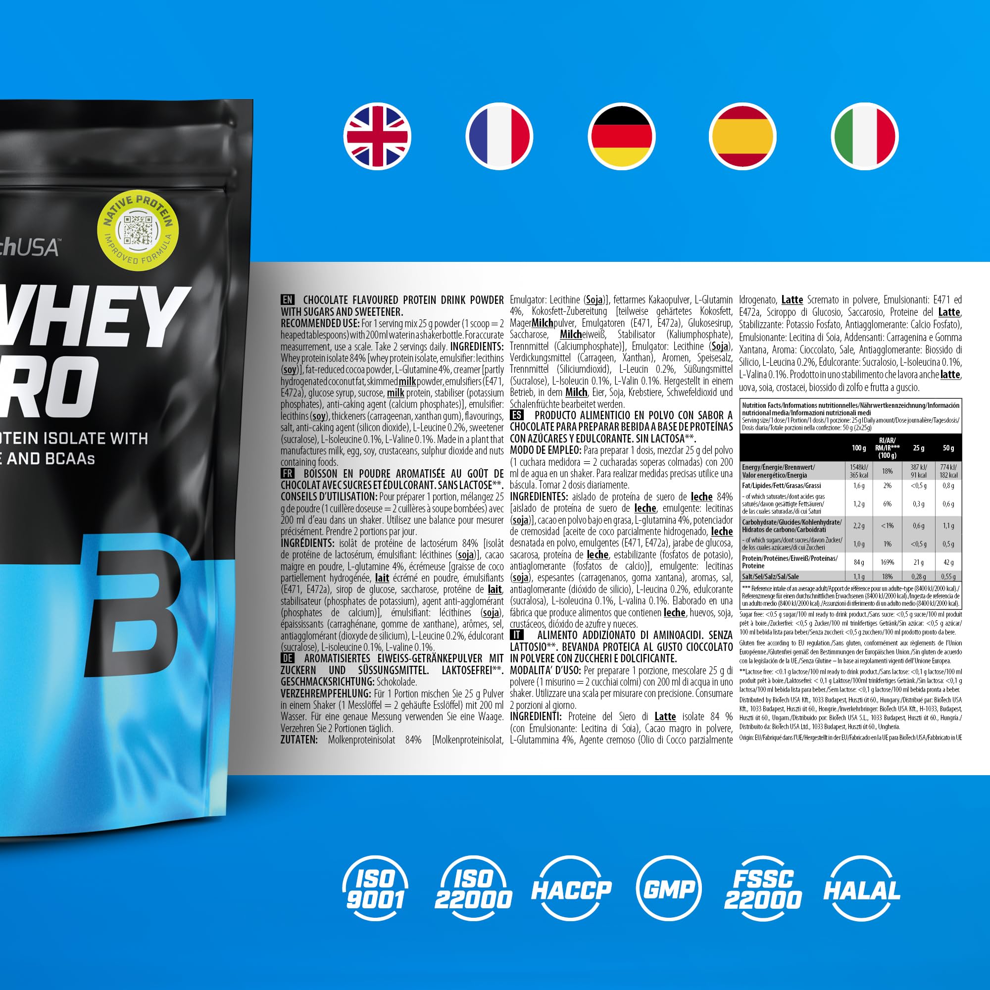 BioTechUSA Iso Whey Zero | Premium Whey Protein Isolate | Grass-Fed | Enzyme-Free | Sugar- and Gluten-free, 500 g, Cioccolato