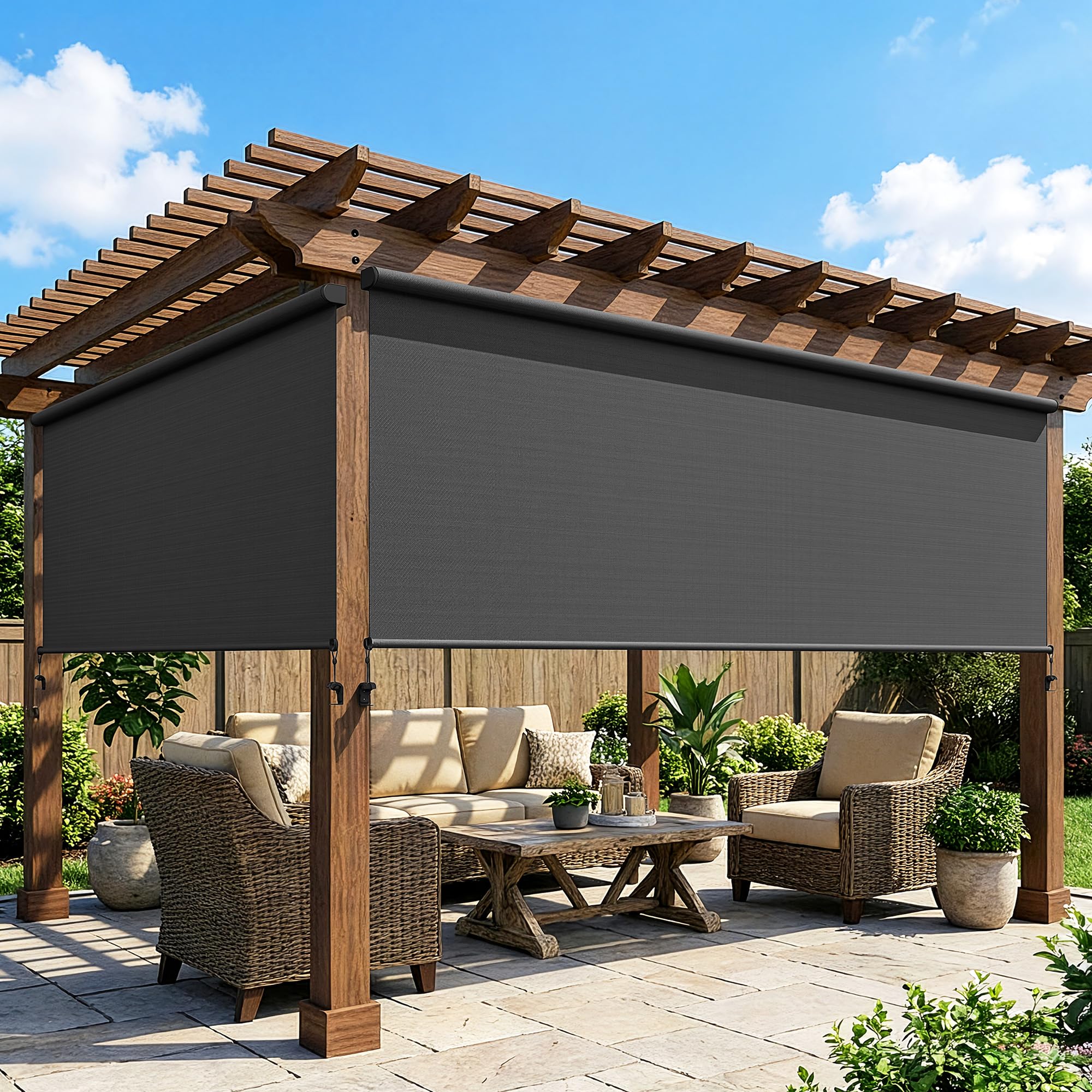May in Color Outdoor Roller Shade (8'W x 8'H) Black 420GSM Cordless Patio Roller Blinds Shades with Pole, Waterproof Outdoor Blinds Roll Up for Gazebo