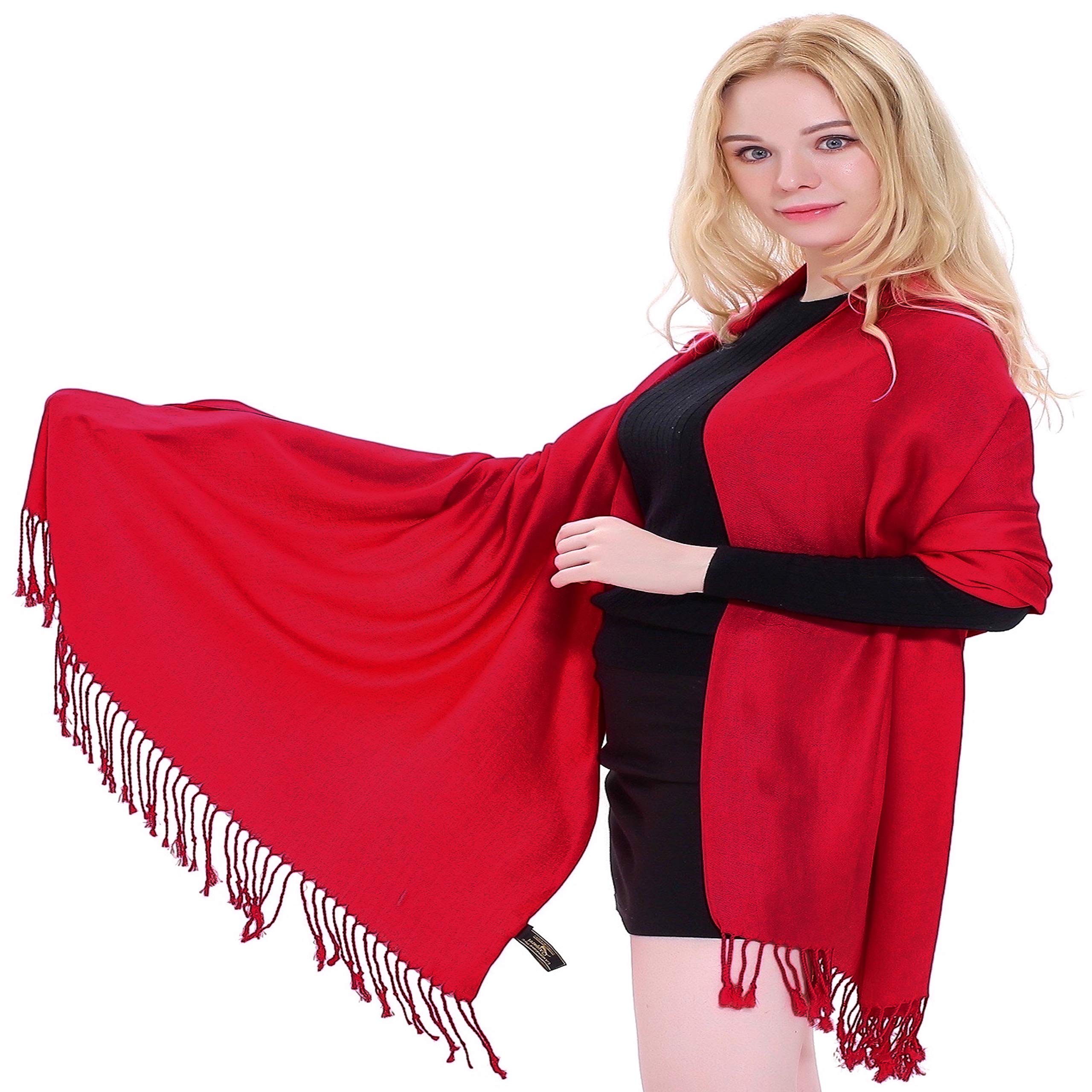 CJ Apparel Red Nepalese Solid Colour Tassels Design Shawl Scarf Wrap Stole Throw Head Wrap Pashmina Hand Made in Nepal
