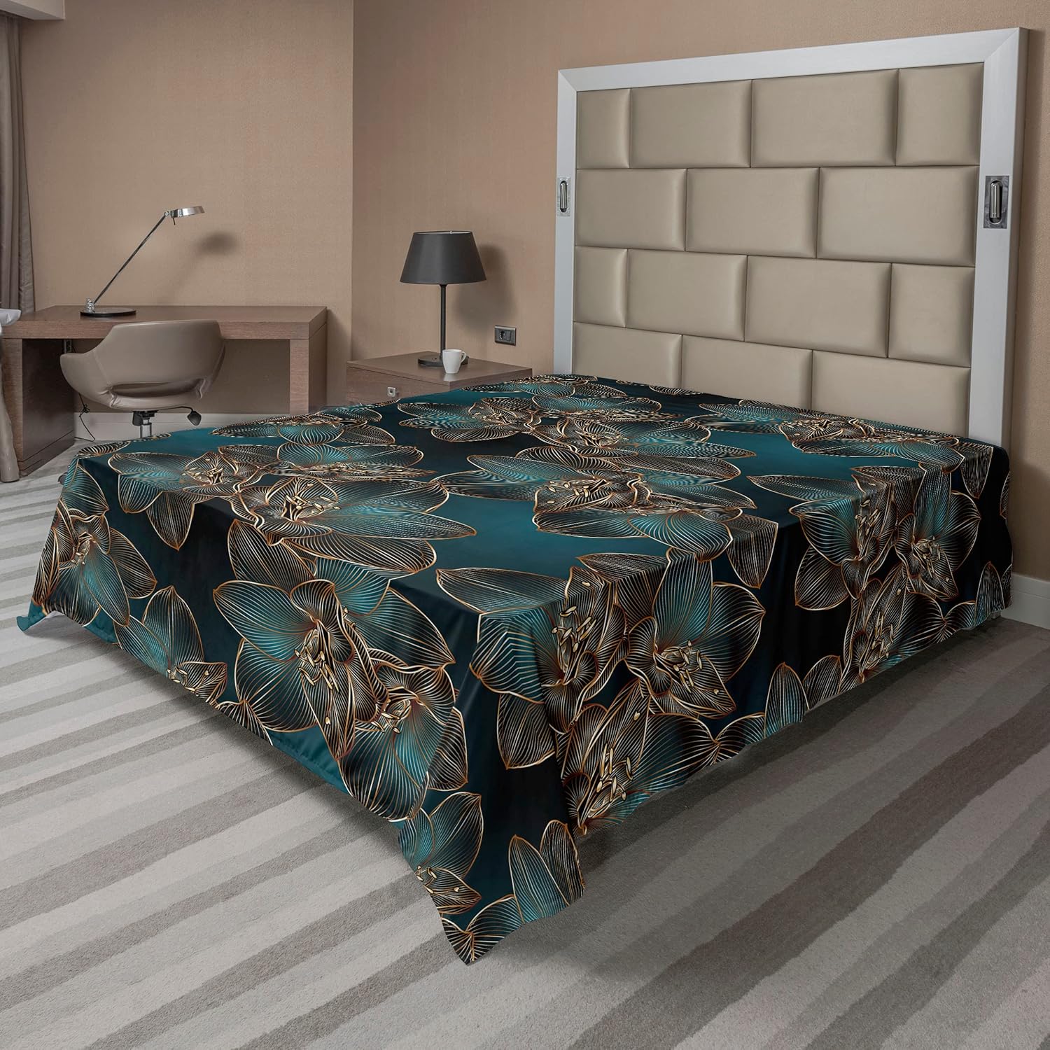 Ambesonne Floral Flat Sheet, Geometric Style Retro Flower Petals with Striped Details Print Artwork, Soft Comfortable Top Sheet Decorative Bedding 1 Piece, Queen Size, Petrol Blue and Cinnamon