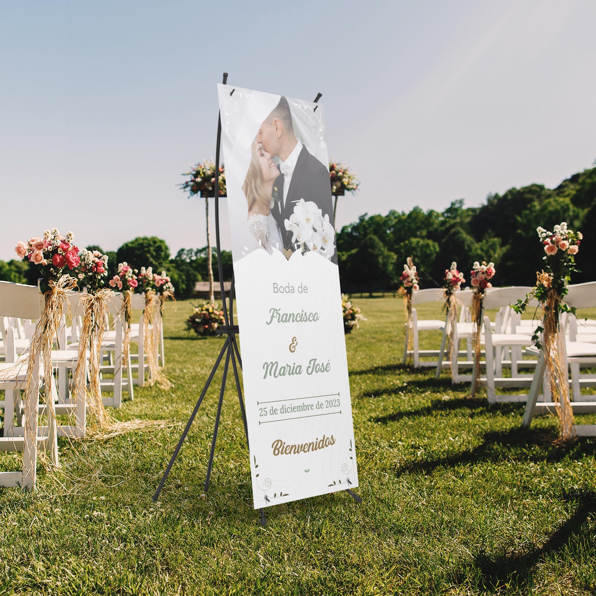 Photocall Bodas 70x180cm Personalizable con Foto y Texto – Cartel Bienvenida Boda – Pancarta Personalizada con Estructura para Decoración Boda - 2 Modelos a Elegir (Modelo 2)