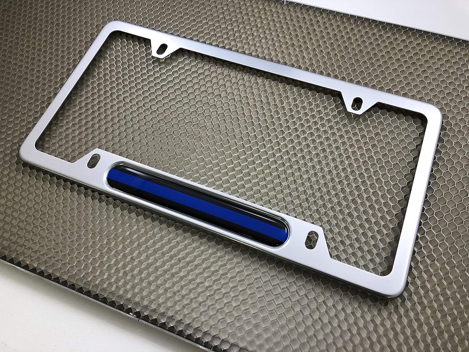 USA Patriotic Anodized Aluminum Thin Top | Narrow Top Car License Plate Frame with Thin Blue Line (Stripe) Insert with Free caps - Silver
