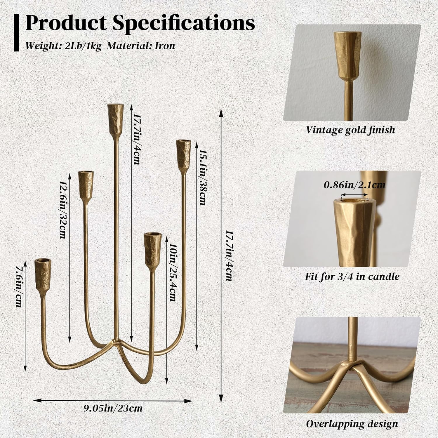 Iron Tabletop Candelabra, Hand-Forged 5-Candle Cast Iron Candle Holder with Elegant Muted Vintage Gold Finish for Dining Room, Living Room, Mantel