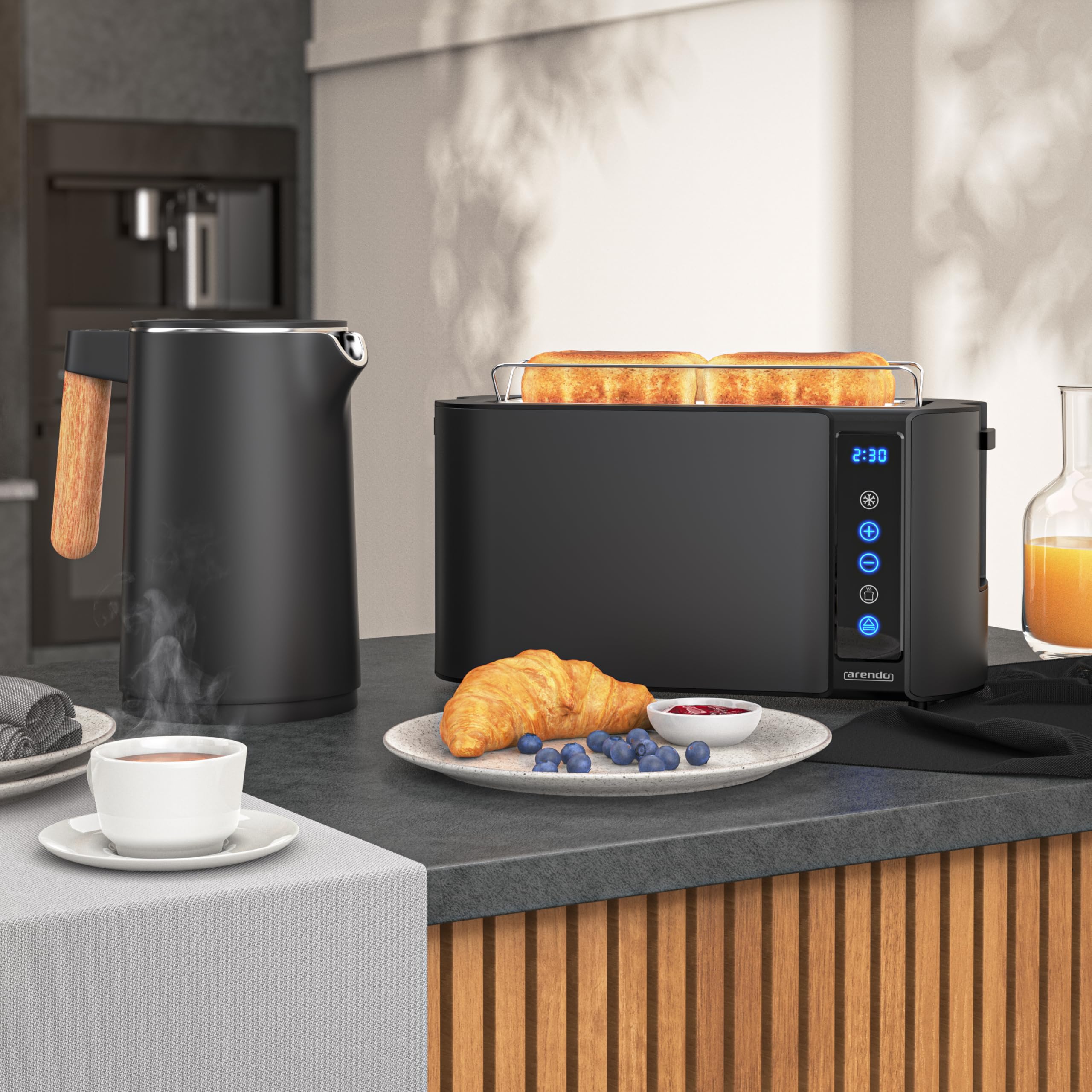 Arendo Wasserkocher Toaster SET Edelstahl 45-100 Grad Warmhaltefunktion 4 Scheiben Touch Display Brötchaufsatz Schwarz Matt