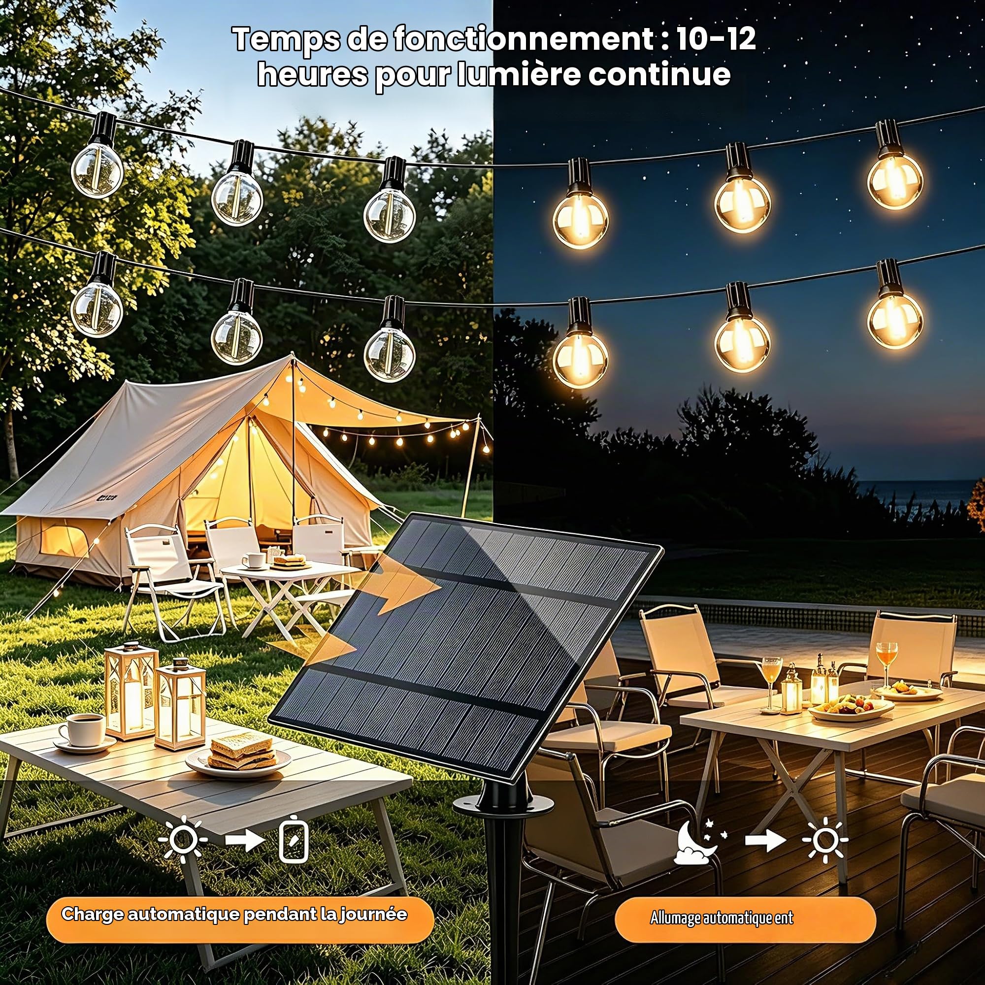 GPATIO Guirlande Lumineuse Exterieure Solaire 30M avec 42 G40 LED Ampoules. | Guirlande Exterieur Solaire avec Télécommande, Imperméable, Incassable, 3 Modes, Fonction Minuterie, Charge solaire + USB.