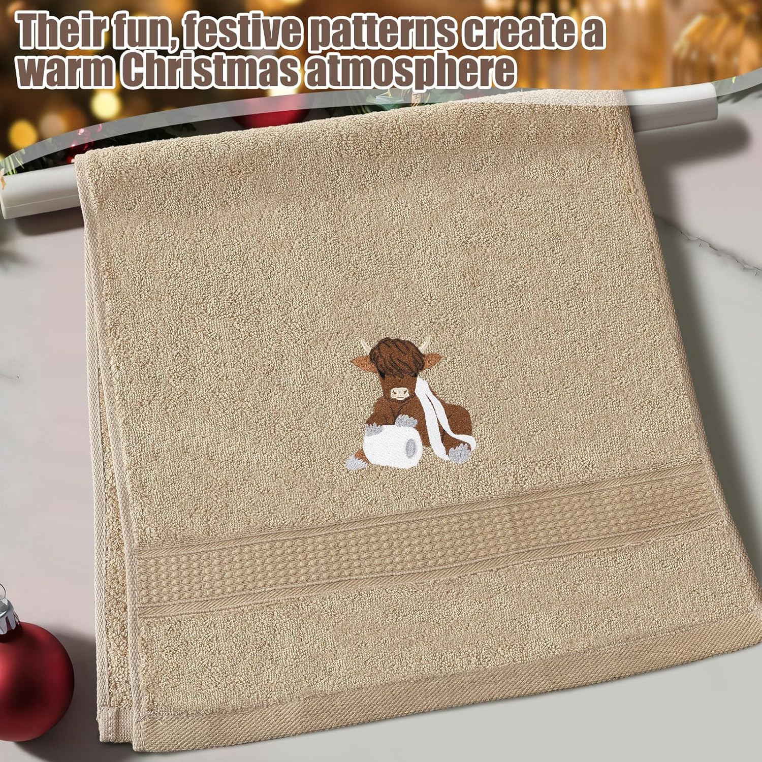 3 Pcs Highland Cow Hand Towels Embroidered Cow Farmhouse Decorative Bath Towels for Bathroom Kitchen Decor Country Farm Highland Holiday Housewarming Gifts, 100% Cotton, 13.3 x 29.5'' - Image 3