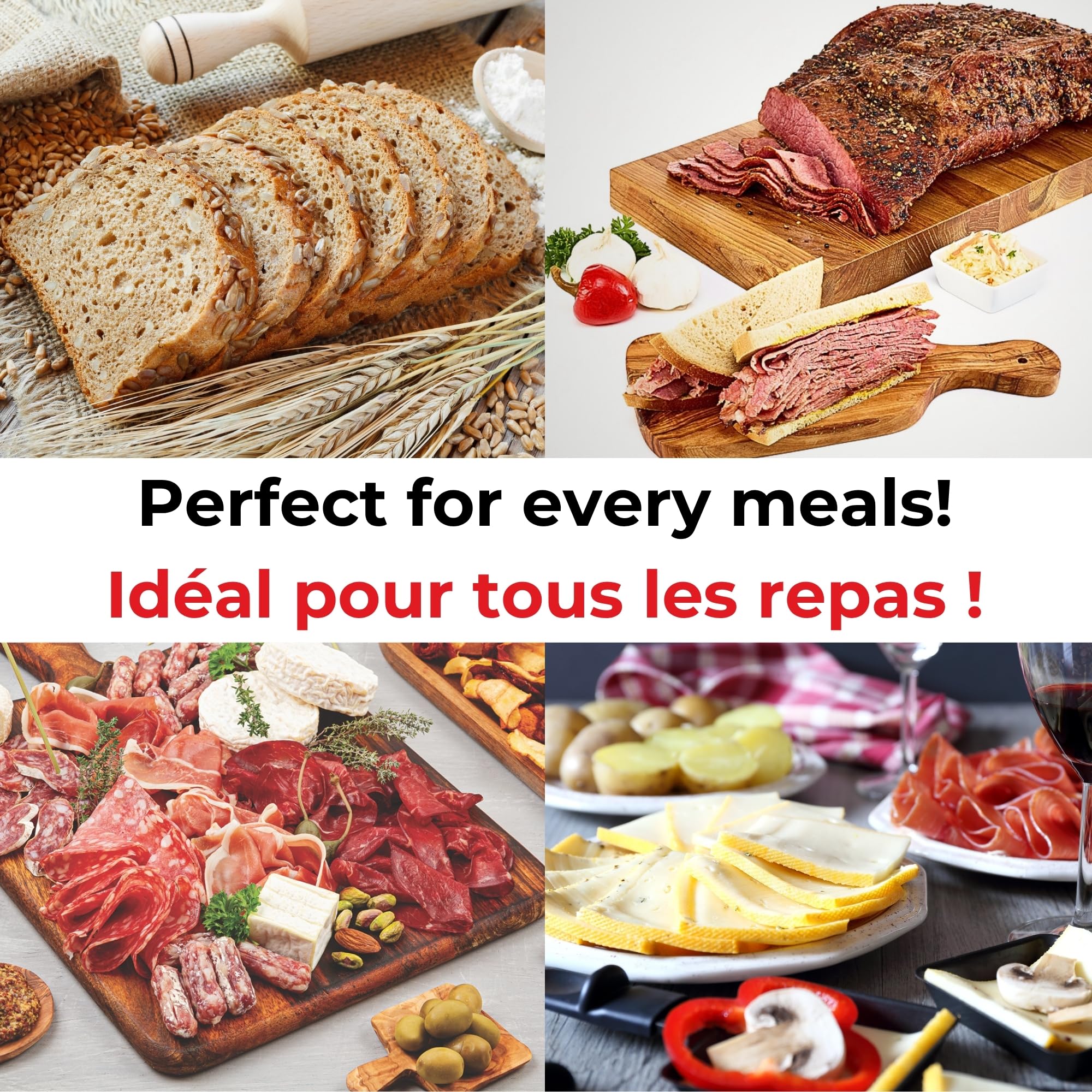 Starfrit Cortador de delicatessen, rebanadas de carne, queso, pan, hoja de acero inoxidable de 6.5 pulgadas, perilla de grosor ajustable, anidable para un fácil almacenamiento, frutas y verduras 2 en