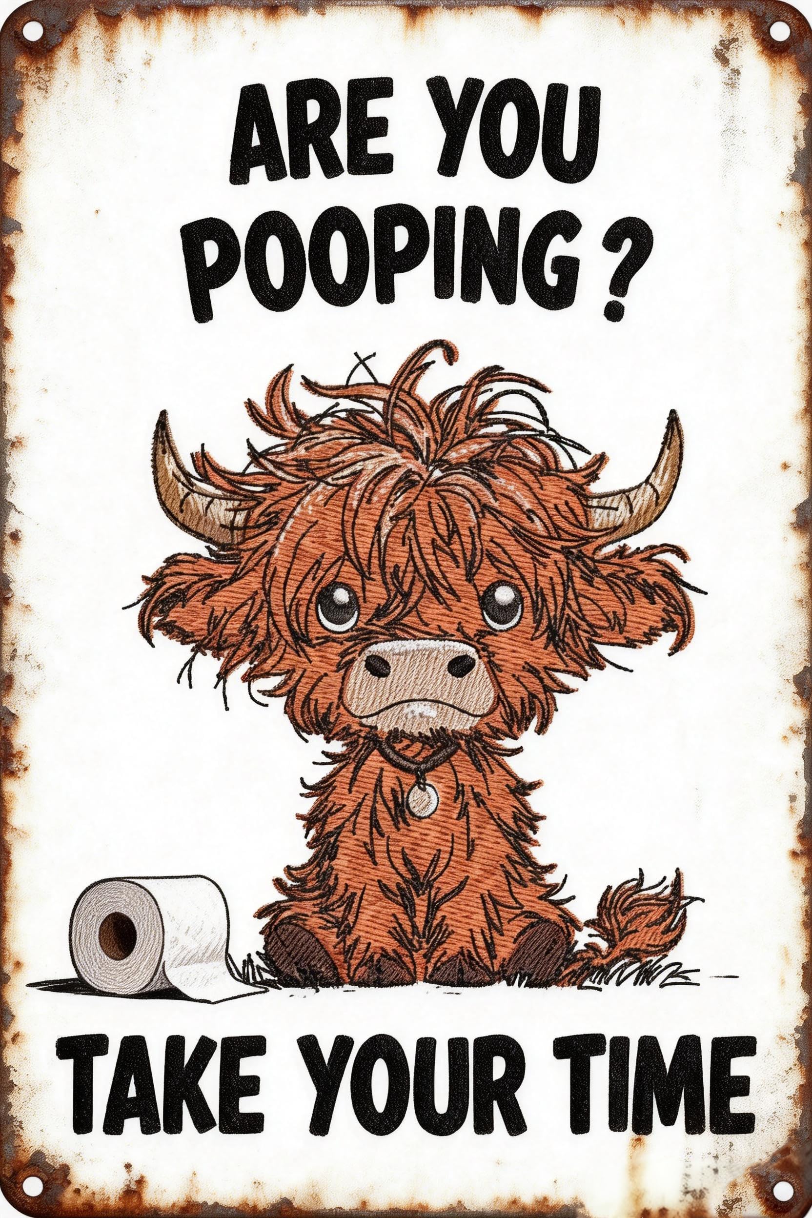 Are You Pooping Cow Sign,Highland Cow Bathroom Metal Sign,"Take Your Time" Funny Highland Cow Metal Signs,Waterproof Fade Resistant Easy to Hang Bath Wall Art 8x12 Inch