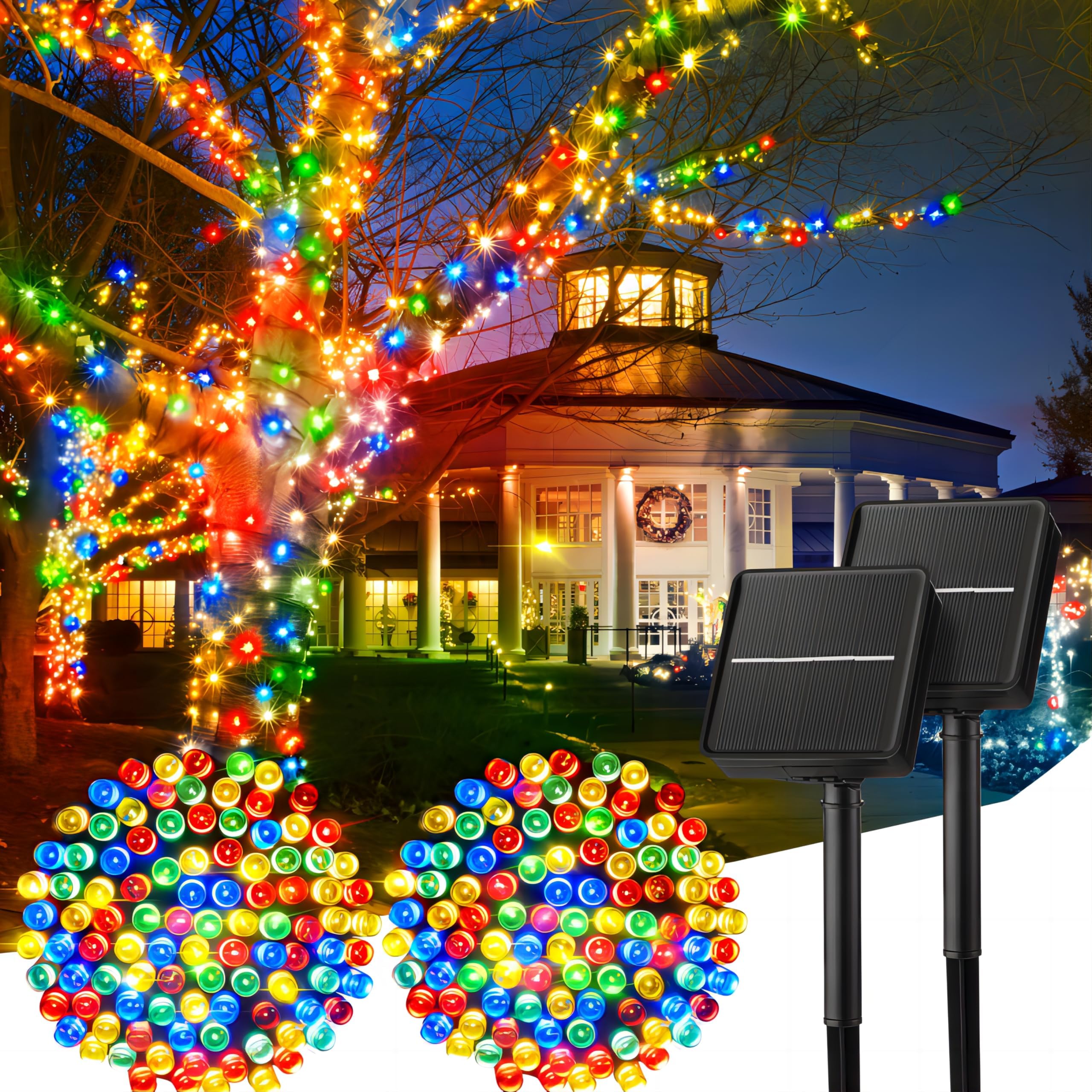 Minetom Solar Christmas Lights Outdoor - 2 Pack Total 144FT 400 LED Christmas String Lights with 8 Lighting Modes, IP65 Waterproof Solar String Lights for Outside Tree Xmas Party, Multicolor