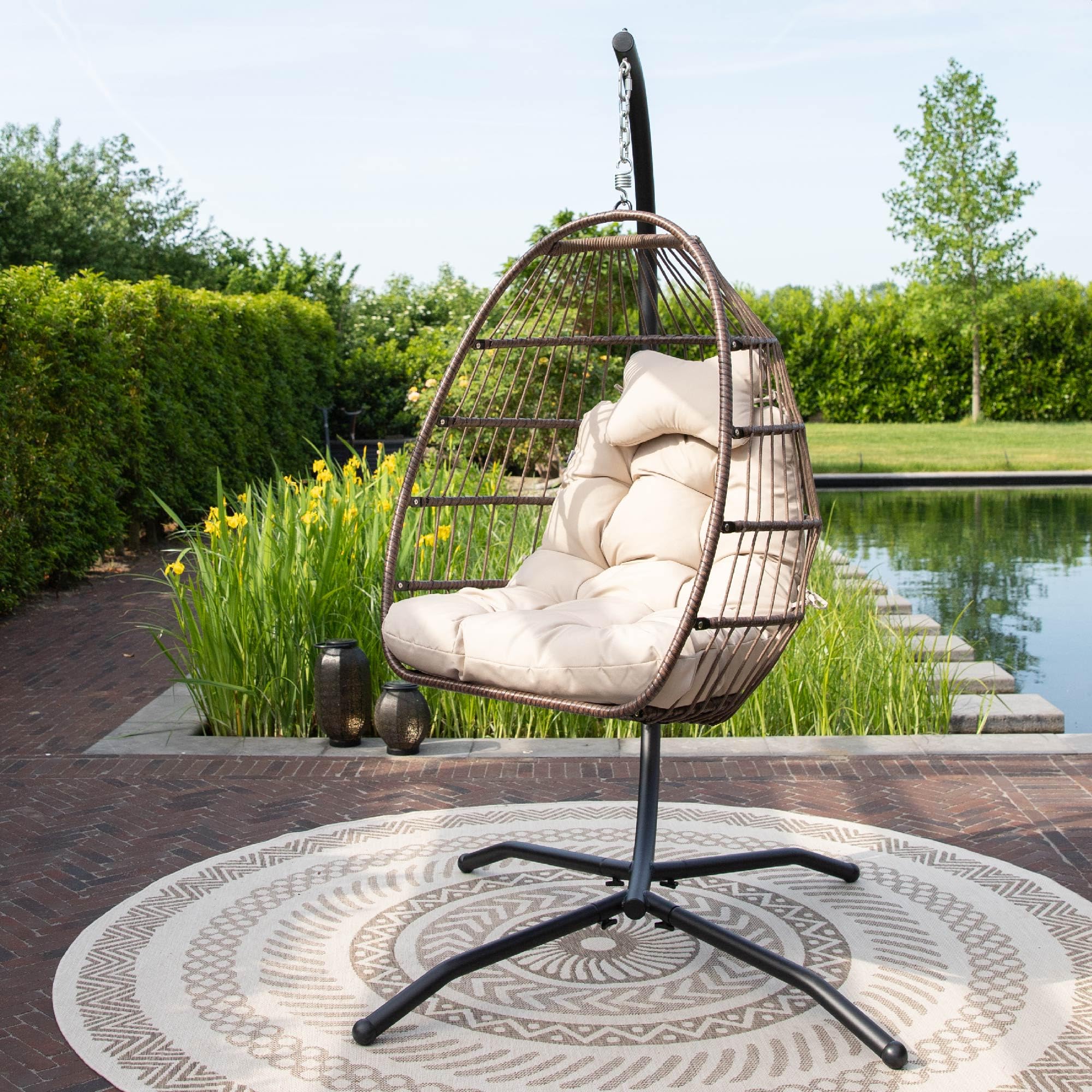 Vita5 Silla Colgante de Jardín – Silla Huevo con Cojìn y Almohadilla para Descansar - Columpio Colgante para Interior y Exterior - Silla Plegable - Estructura Metálica Carga máx. 150 kg - Beige-Marrón