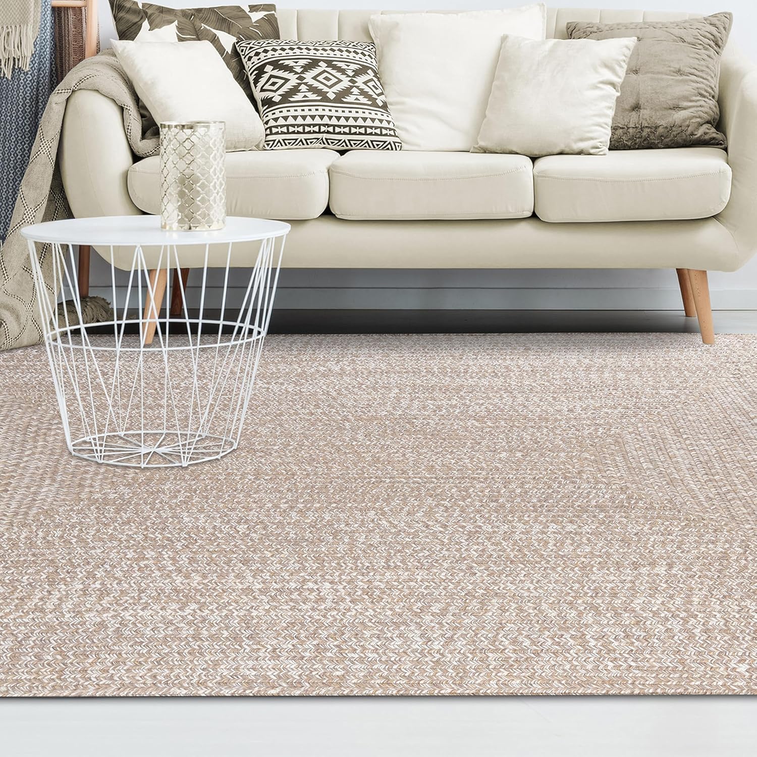 Superior Large Indoor/Outdoor Area Rug, Multi-Tone Reversible Braided Floor Decor for Patio, Front Porch, Entryway, Living Room, Office, Nursery, Artistic Home, 3' x 5', Latte-White