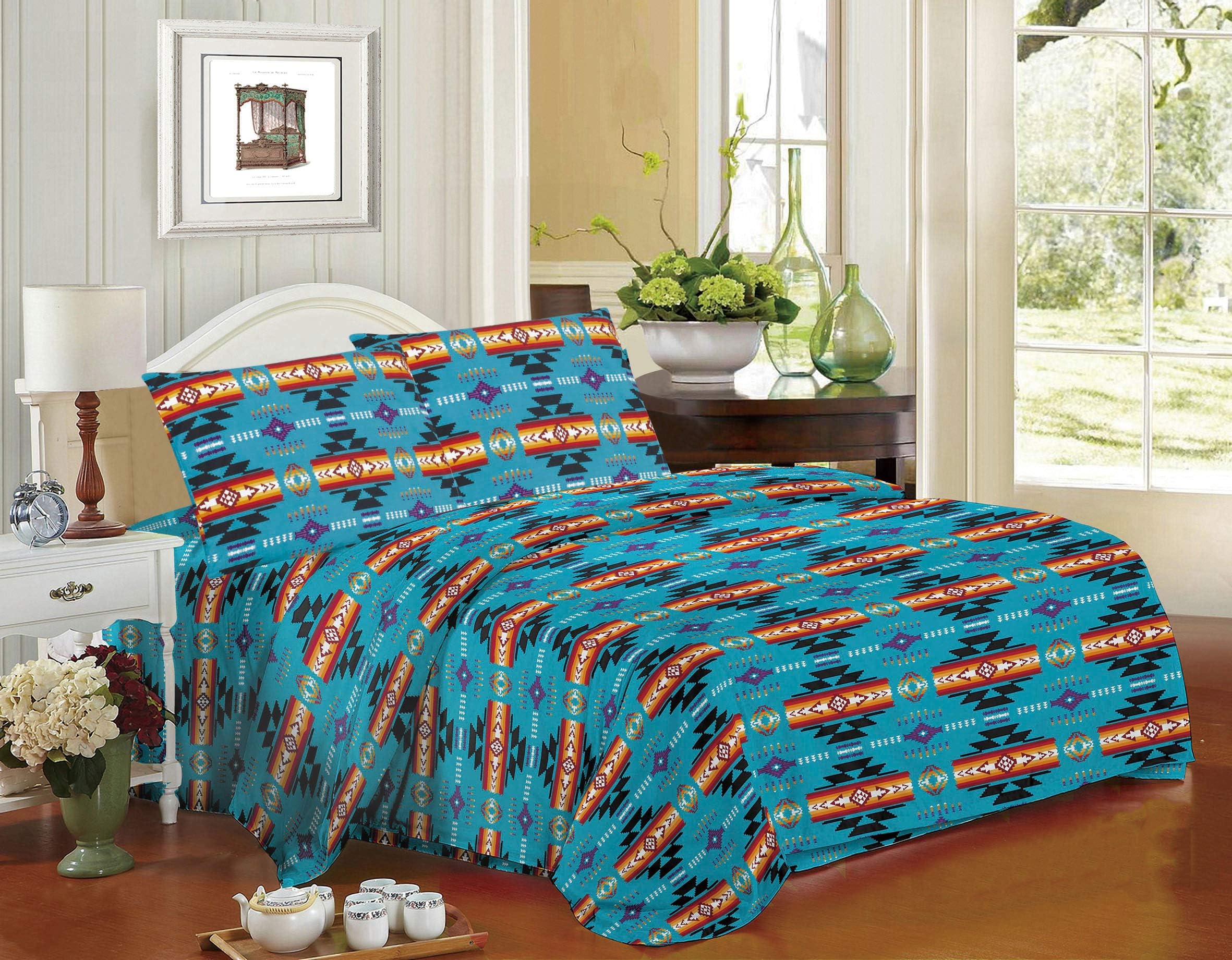 Southwest Design (Navajo Print) Turquoise Blue 4 Piece Sheet Set Queen Size, Design #16112