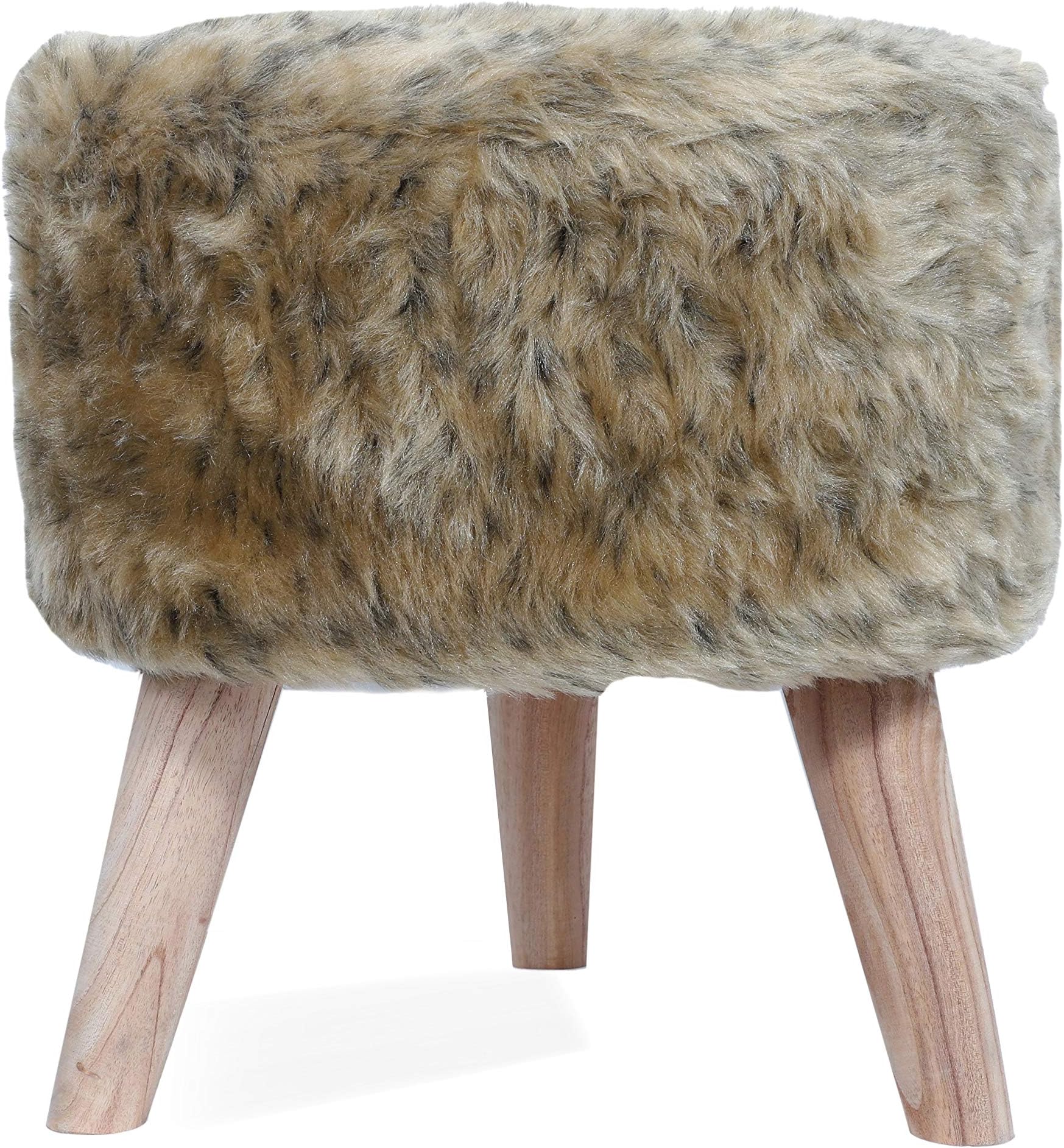 Fernish Decor Pack of 2 Faux Fur Gold Round Foot Stool Ottoman- 3 Wooden Legs- Best for Living Room/Bedroom/Dressing Room/Drawing Room- Soft Plush Fabric (16 inch Height, 16 inch Round)