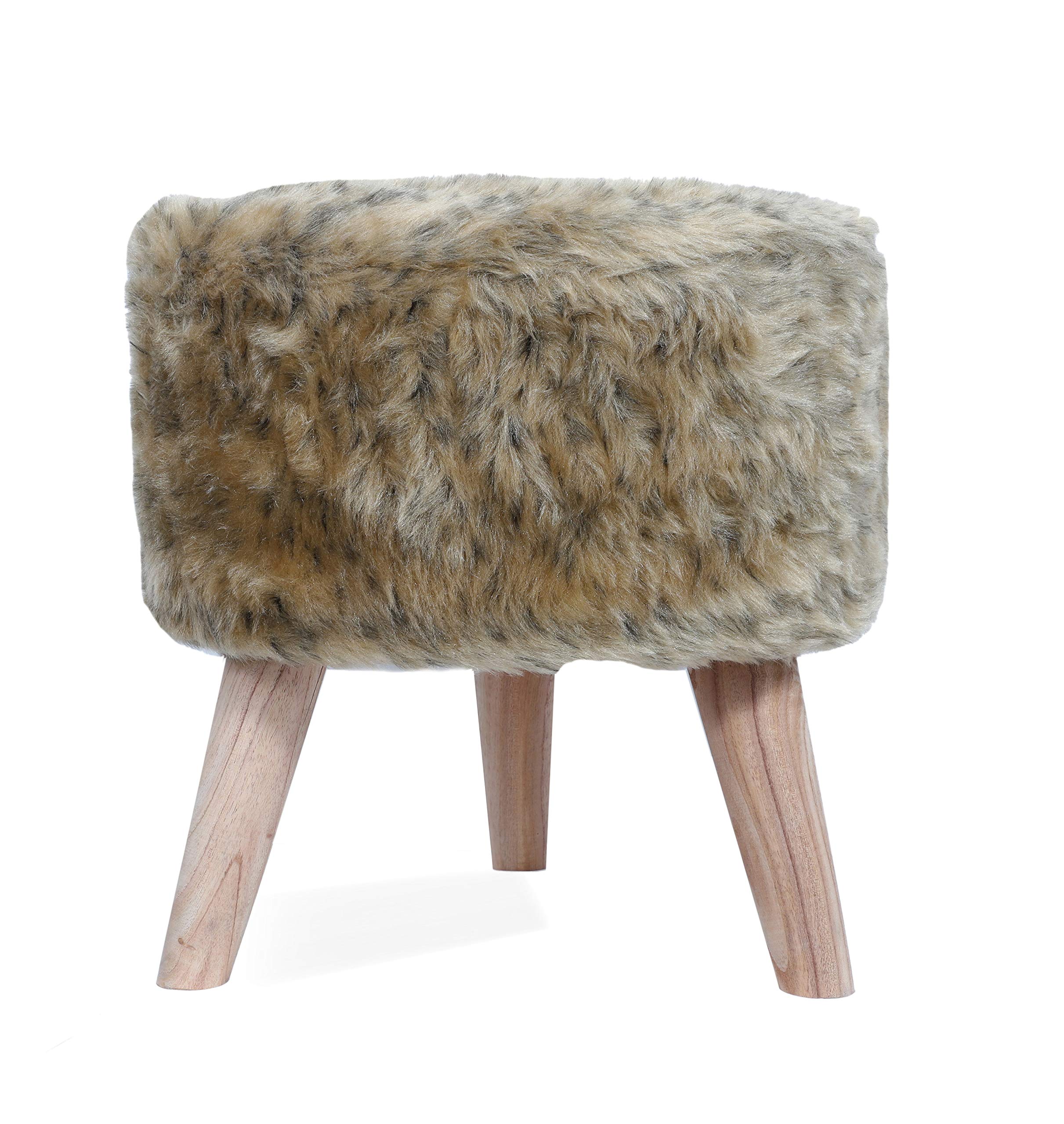 Fernish Decor Pack of 2 Faux Fur Gold Round Foot Stool Ottoman- 3 Wooden Legs- Best for Living Room/Bedroom/Dressing Room/Drawing Room- Soft Plush Fabric (16 inch Height, 16 inch Round)