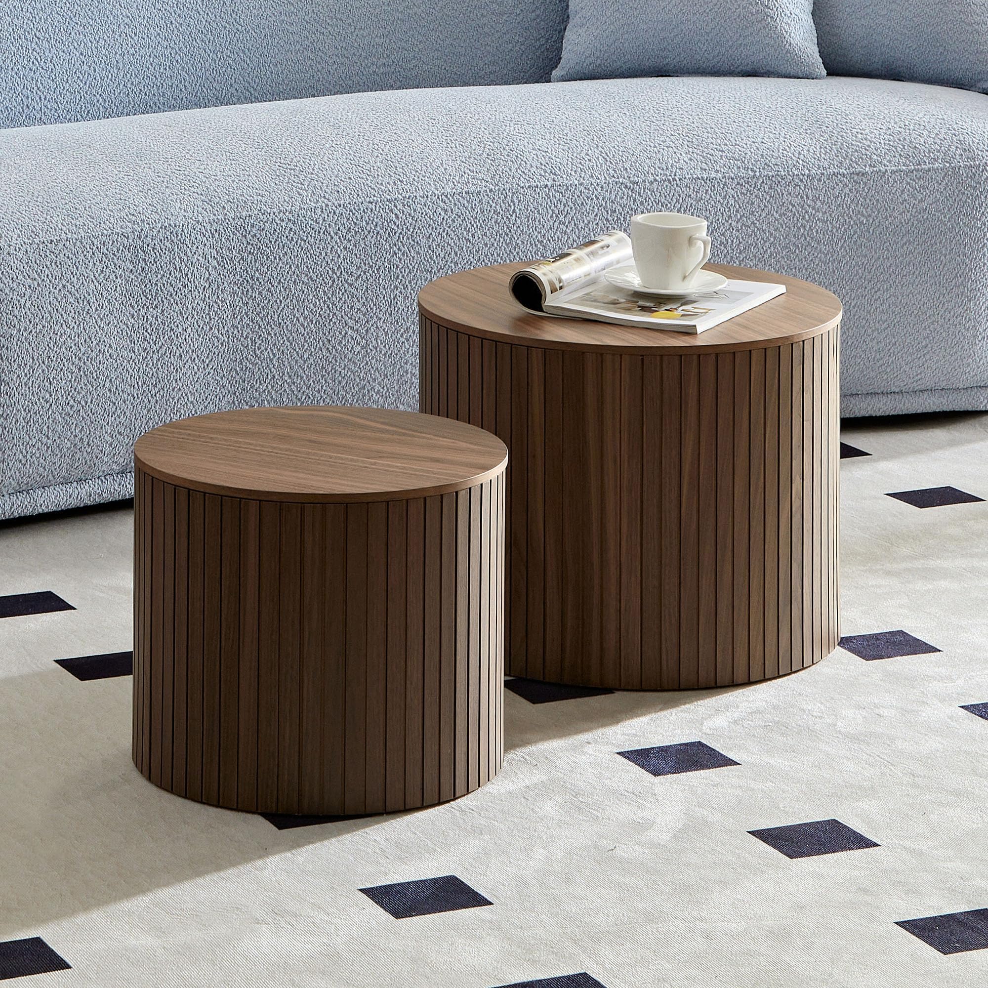HADAWE Round Storage Side Table Set of 2, Nesting Coffee Tables with Hidden Storage, Modern Wood Accent End Table for Living Room, Bedroom, Small