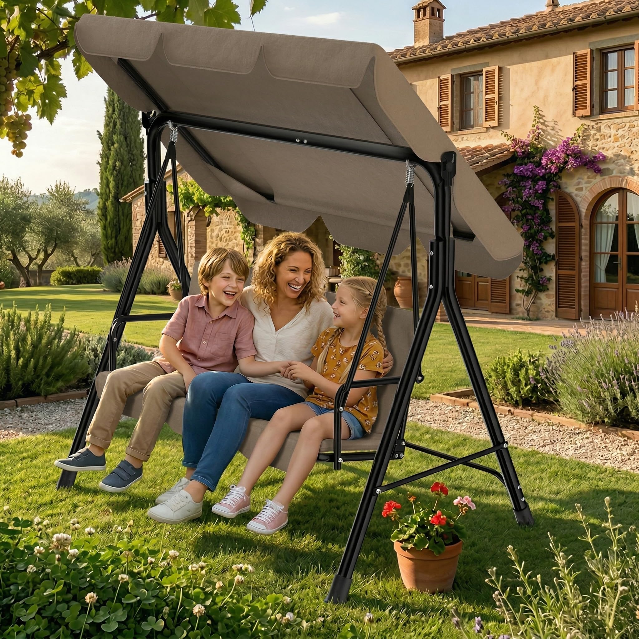 Dondolo a 3 posti, marrone scuro, con tetto regolabile e imbottitura confortevole da 6 cm, telaio in acciaio 200 kg, resistente alle intemperie, per esterni, marrone scuro, 175 x 110 x 152 cm