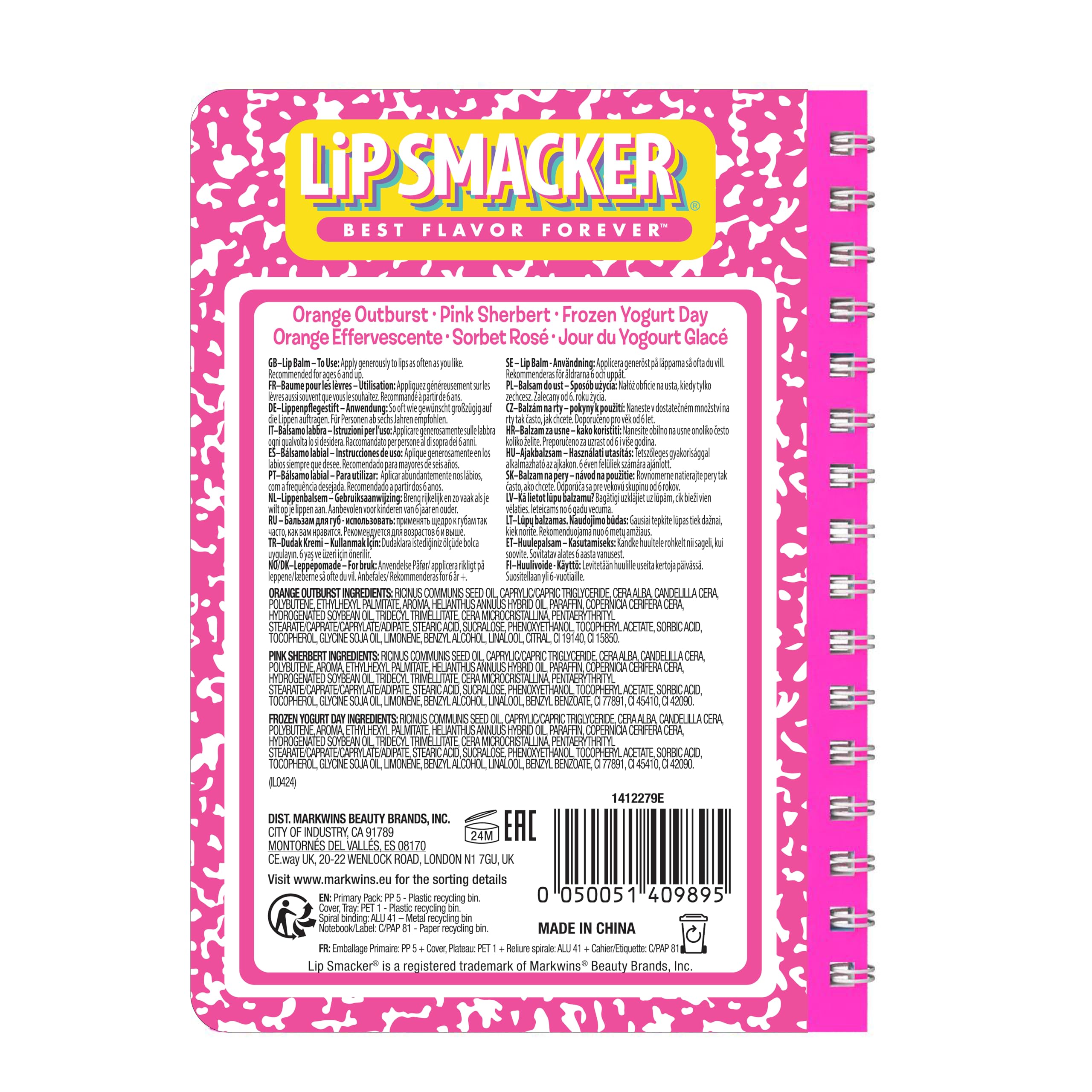 Lip Smacker, Back to School Collection, Spiral Notebook Lip Balm Trio, 3-Częściowy Zestaw Balsamów do Ust z Uroczym Notatnikiem dla Dzieci, Zabawny Balsam do Ust dla Dzieci, Różowy