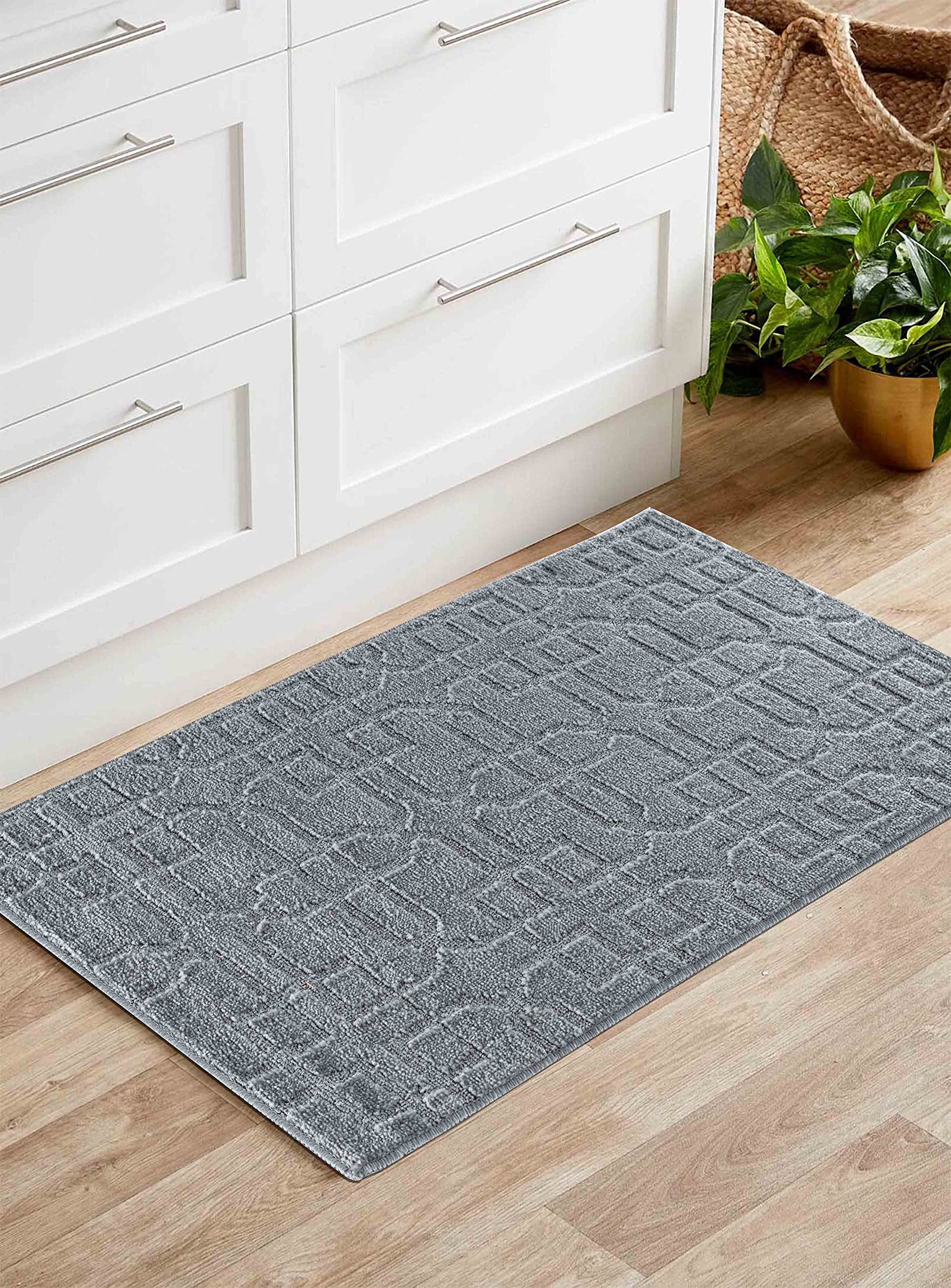 IVY Washable Door Mat Kitchen Mats Non Slip Cubed Trellis Design Kitchen & Hall Runners Doormats, Dark Grey, 80x150 cm