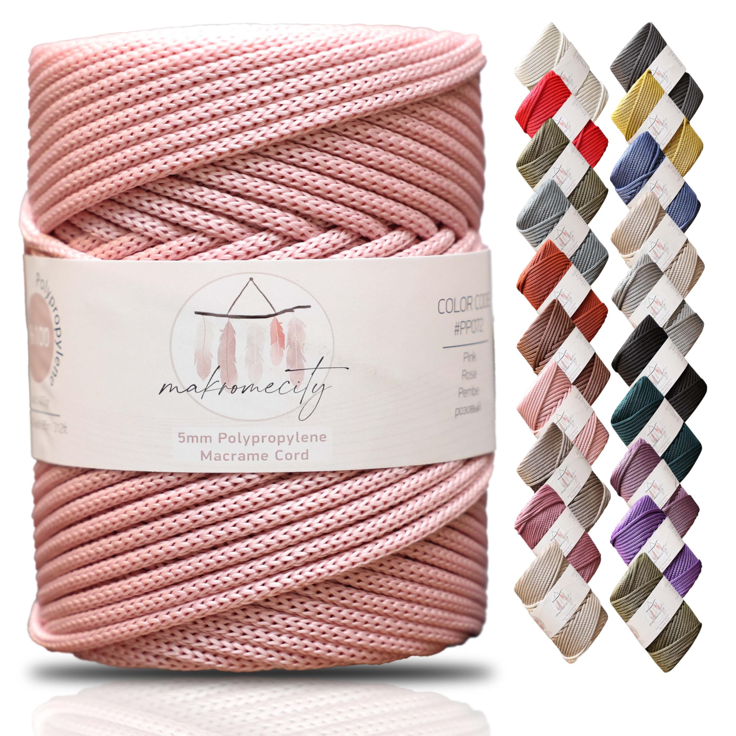 Makromecity, Premium Polyester Macrame Cord 5mm x 104 Yards (311 feet) 5mm Polypropylene Macrame Cord Crochet Macrame Bag Cord Crafts for Wall Hangings, Bags, Underplate, Rug (Pink)