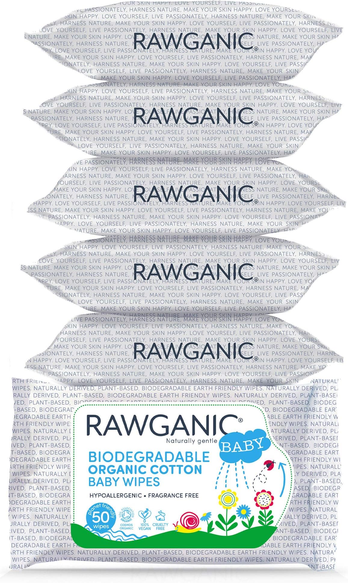 RAWGANIC Gentle Biodegradable Organic Cotton Baby Wipes | Hypoallergenic Wet Wipes for Nappy Change, Face and Body Cleansing | with Aloe Vera (6 Packs of 50 (300 Wipes))