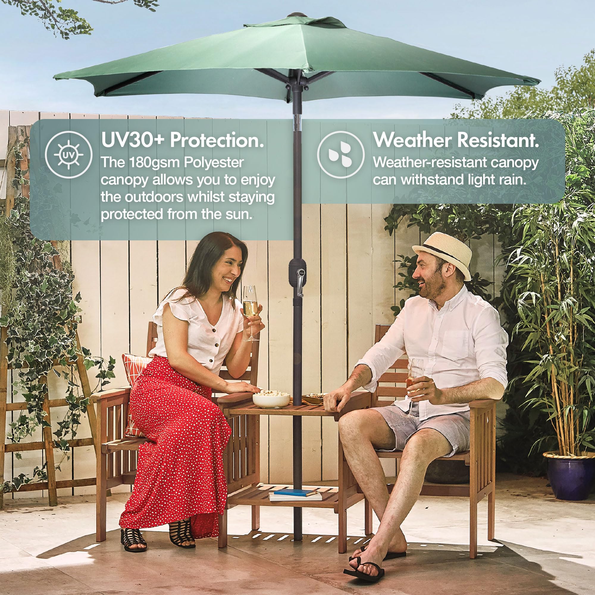 VonHaus Parasol 2M – Parasol Umbrella for Outdoor, Garden, Patio – Sun Shade Canopy with Hand Crank, Tilt Function, UV30+ Protection, Air Vent, Powder Coated Steel Frame - Dark Green — view 4