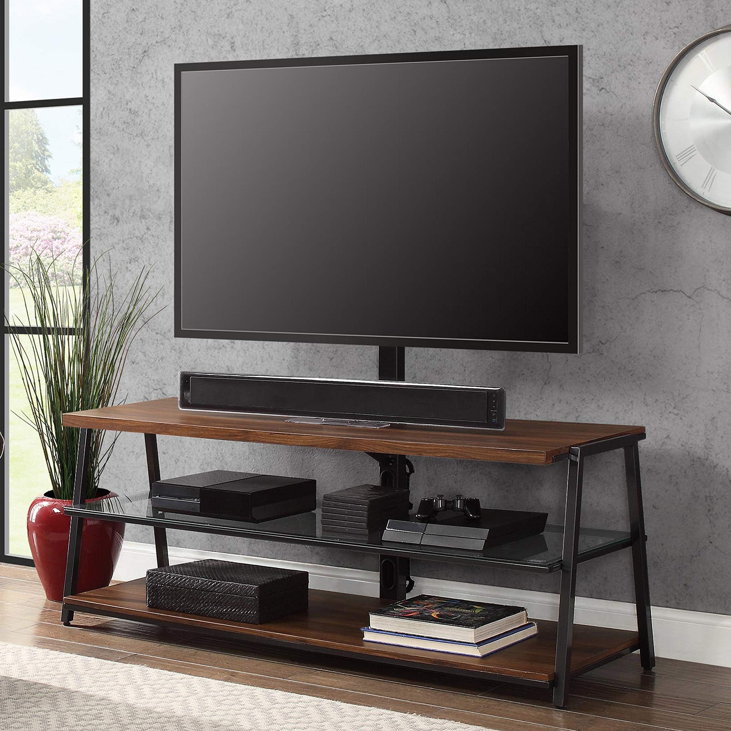 3 in 1 TV Stand Console Storage Media 70 inch Glass Shelves Wall Mount Tabletop Swivel Mount Flat Screen TV Cabinet Living Room Furniture Video Games Entertainment Center