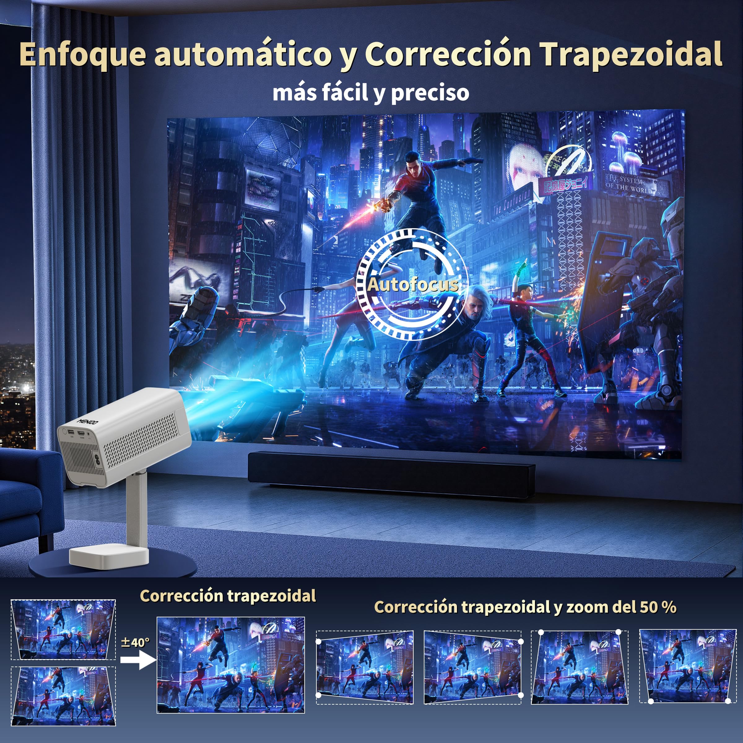 Mini Proyector 4K 1080P Full HD, 2026 Upgraded Proyector Portátil [Built-in Apps & Auto Focus] con Auto Keystone y 90° Rotable con WiFi 6 Bluetooth 5.4 con HDMI/TV Stick/USB/Laptop - Blanco