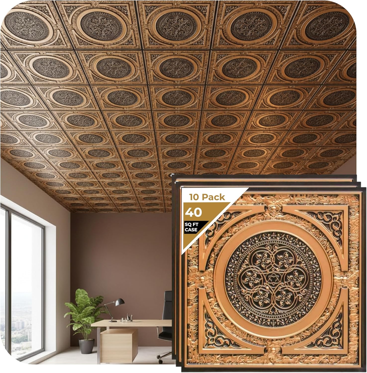 from Plain to Beautiful in Hours 225as-24x24-10 Steampunk PVC 2' x 2' Lay-in or Glue-up Ceiling Tile (Covers / 40 sq.ft), Antique Silver, 10