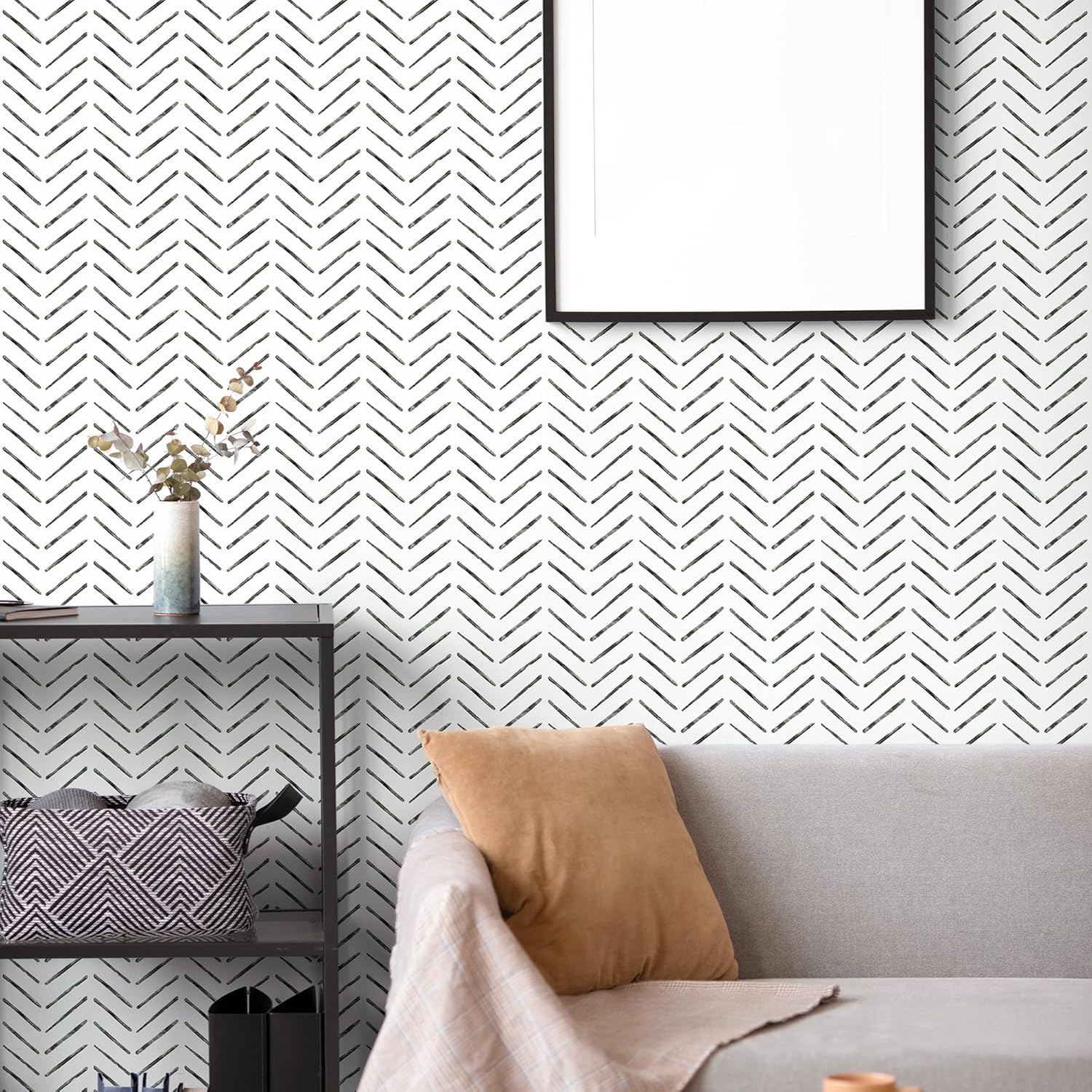 Rugreat Herringbone Peel and Stick Wallpaper Modern Stripe Contact Paper for Cabinets Neutral Self Adhesive Removable Wallpaper for Bedroom Bathroom Waterproof Black and White 393inL17.3inW
