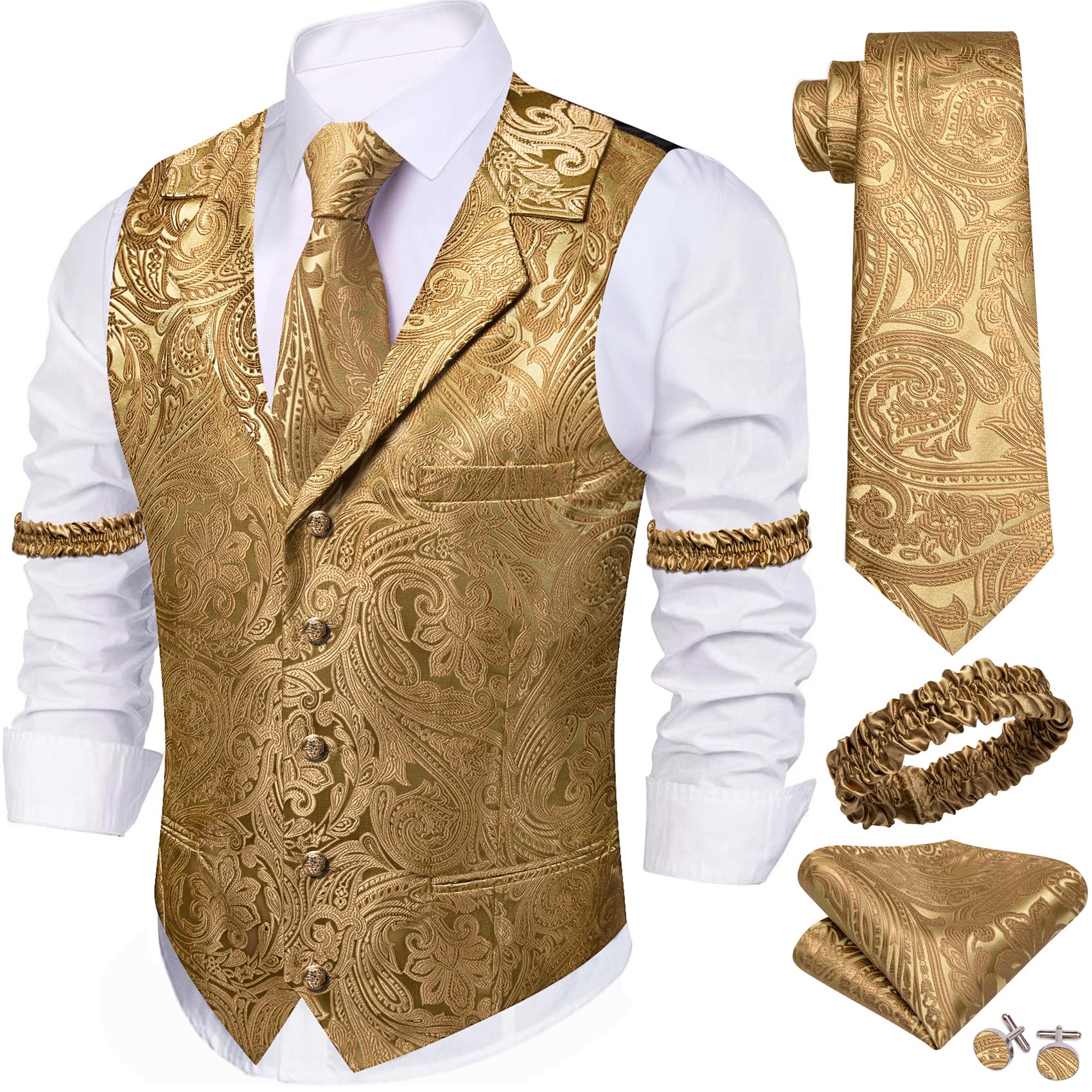 Barry.Wang Mens Silk Paisley/Floral Suit Vest Tie Sleeve Holder Set 5PCS