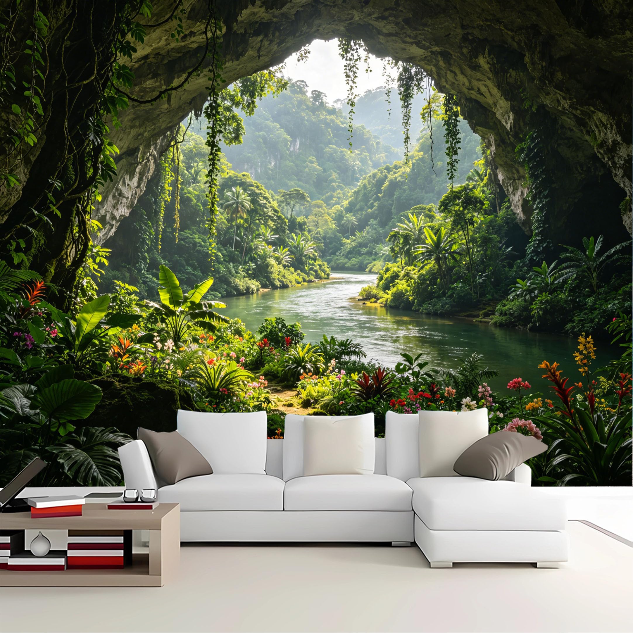 Custom Size Wall Mural Cave View Tropical River Jungle Removable Self Adhesive Peel and Stick Wallpaper for Bedroom Living Room Dining Room