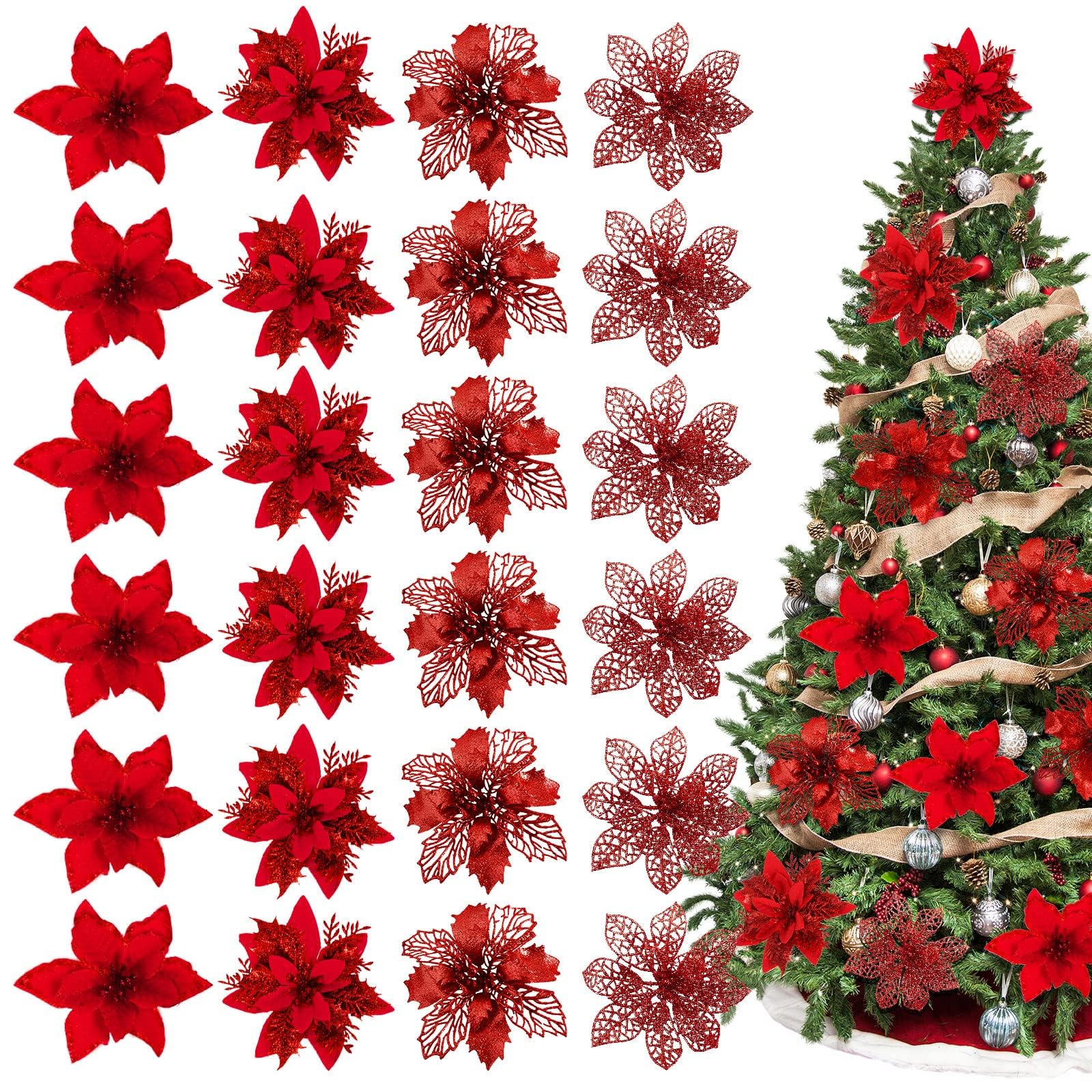 ORCHID M®24Pcs Christmas Flowers，with 4 different designs of Christmas poinsettia ，Artificial Flower Party Supplies for Xmas Tree Ornament Decoration， Home House Decorations (Red)