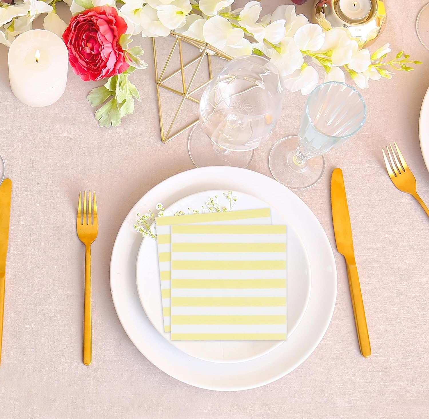 Yellow Striped Cocktail Napkins 100 Pack, 3 Ply Disposable Beverage Napkins for Baby Shower Birthday Party Decor