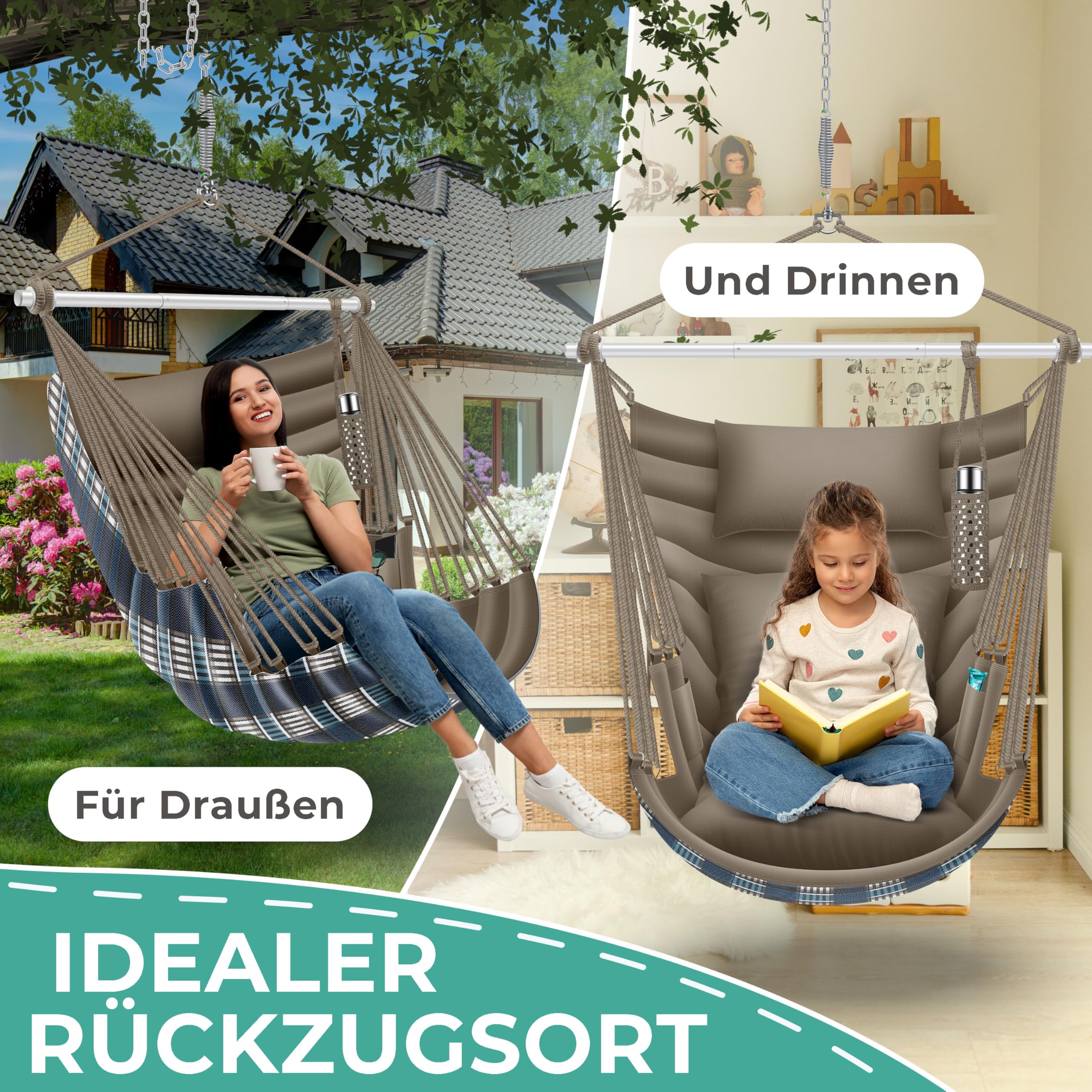 KESSER® Poltrona sospesa Haiti, portata 150 kg, girevole a 360°, altalena sospesa per interni ed esterni, resistente ai raggi UV e all'acqua, facile da pulire, include 2 cuscini, borsa per il