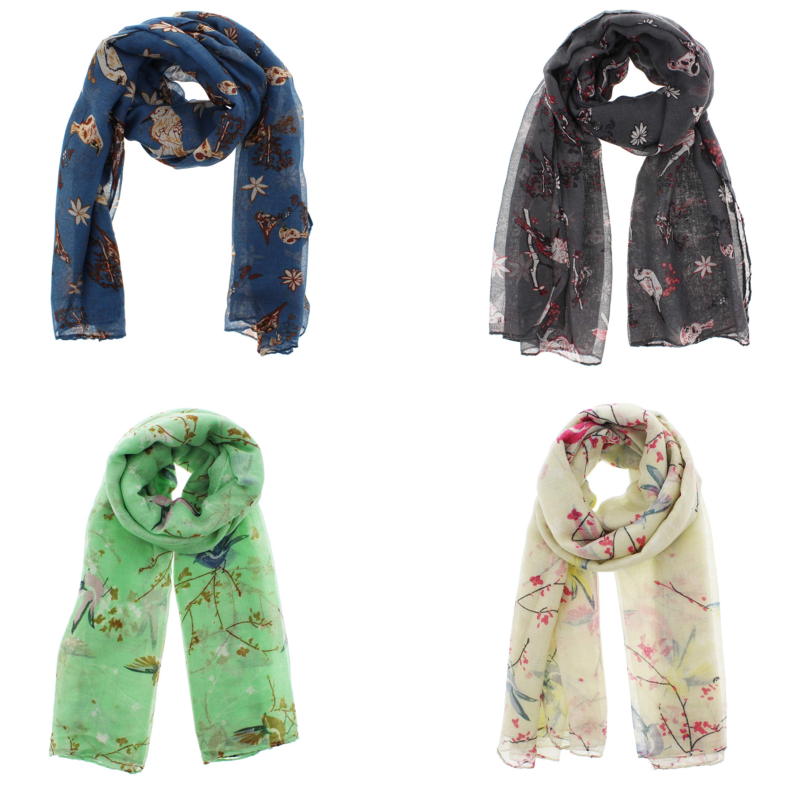 Zac's Alter Ego Women's Multicoloured Set Of 4 Lightweight Assorted Colour Robin & Branches Print Scarf