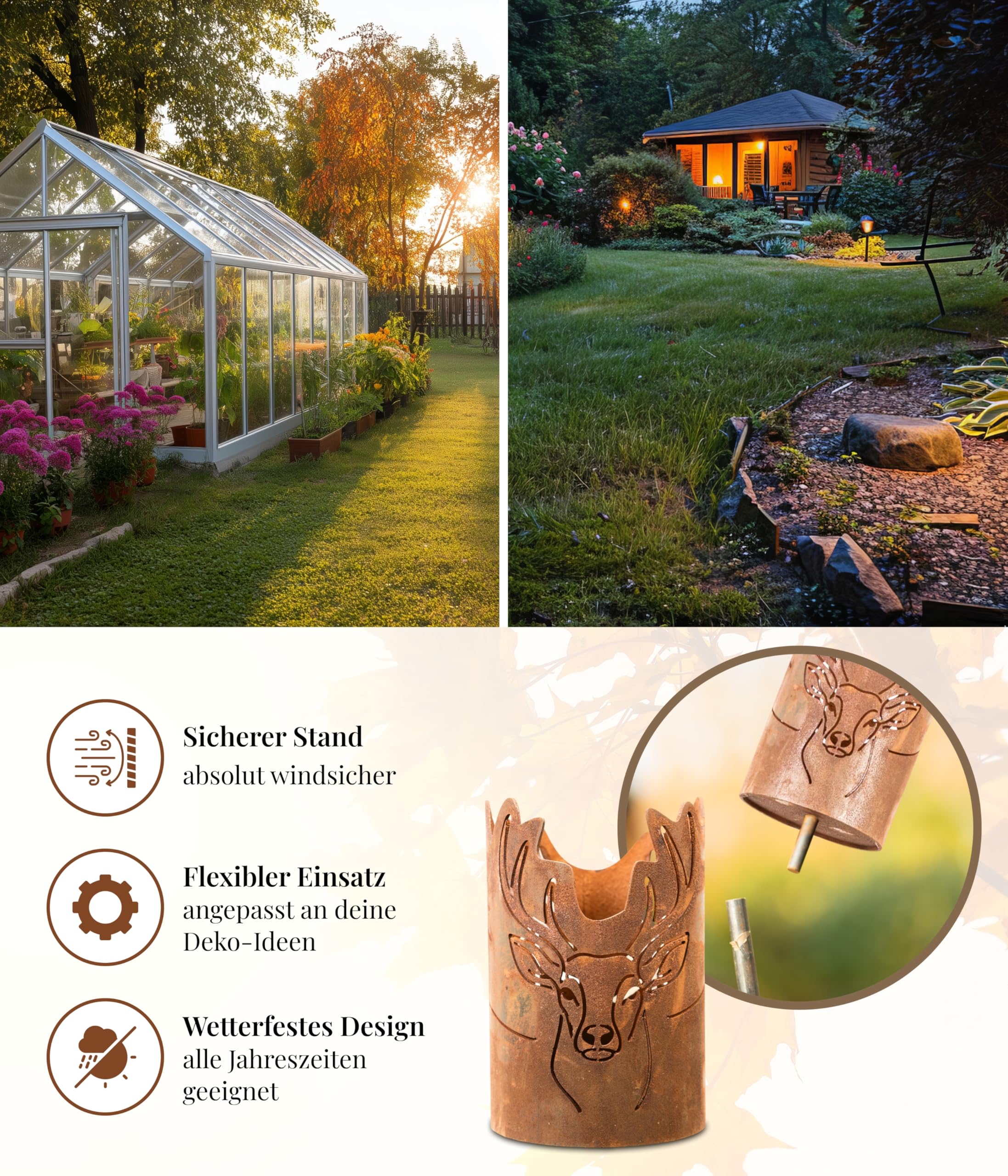 Gartenfackel mit Hirschmotiv – Rostoptik Fackel - Massiv aus 3mm Stahl mit abnehmbarem Oberteil – Wetterfeste Gartendeko, ideal für Lichtakzente im Garten – Perfekt für Gartenliebhaber