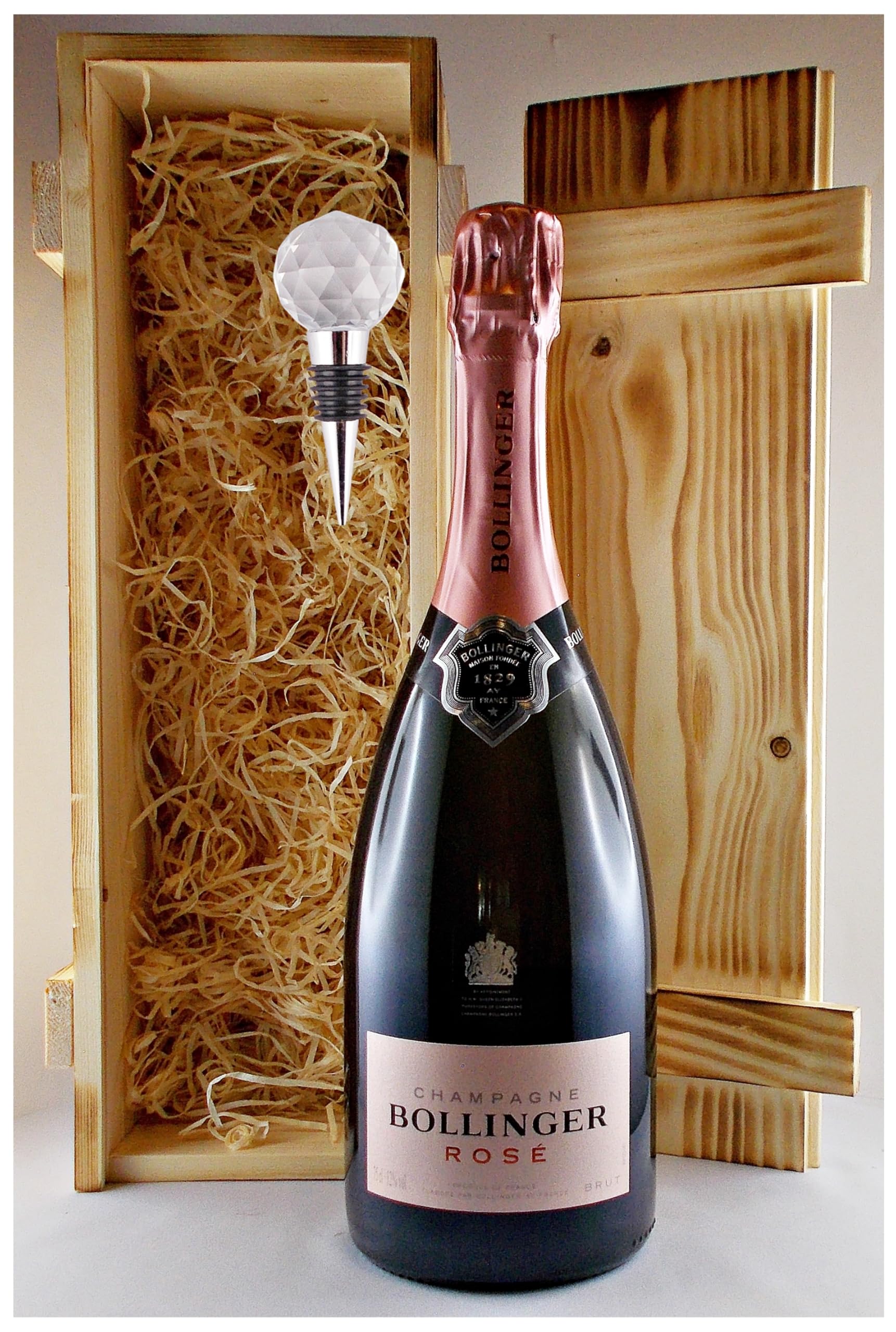 Bollinger Rosè Champagner + Flaschenverschluß Geschenk in geflammter Holzkiste Geschenkset Frauengeschenke Männergeschenke Schaumwein
