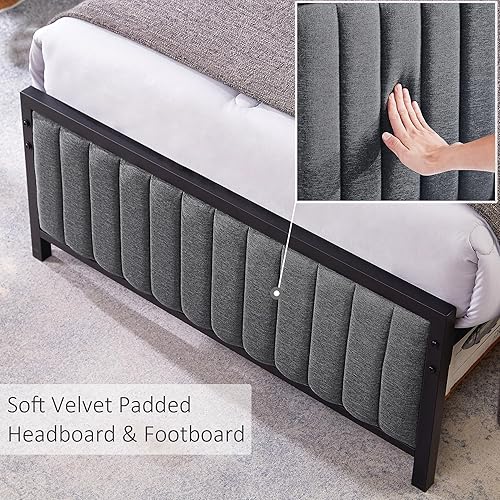 Miniatura 33 de VECELO Base de cama tamaño matrimonial con cabecera y estribo tapizados, plataforma de listones de acero resistente, no necesita somier, color gris