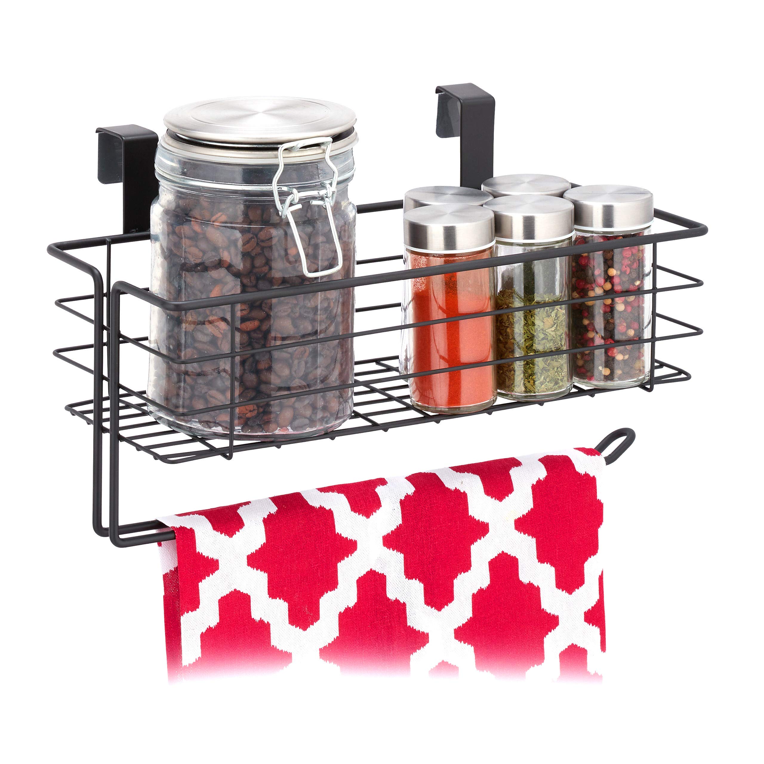 Relaxdays Hanging Basket, Lattice Storage with Roll Holder or Towel, Kitchen & Bathroom, Metal, HWD: 18x31x17 cm, Black