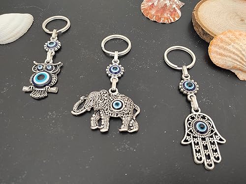Miniatura 5 de Juego de 3 llaveros de ojo turco azul malvado, regalo para mujeres u hombres, Azul, Plateado, Pequeño, Llavero contra el mal de ojo