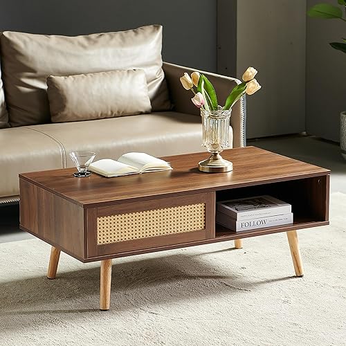 Miniatura 32 de Mesa de centro de madera de 41.3 pulgadas con almacenamiento, mesa de sofá central rectangular moderna con panel de puerta deslizante de ratán de