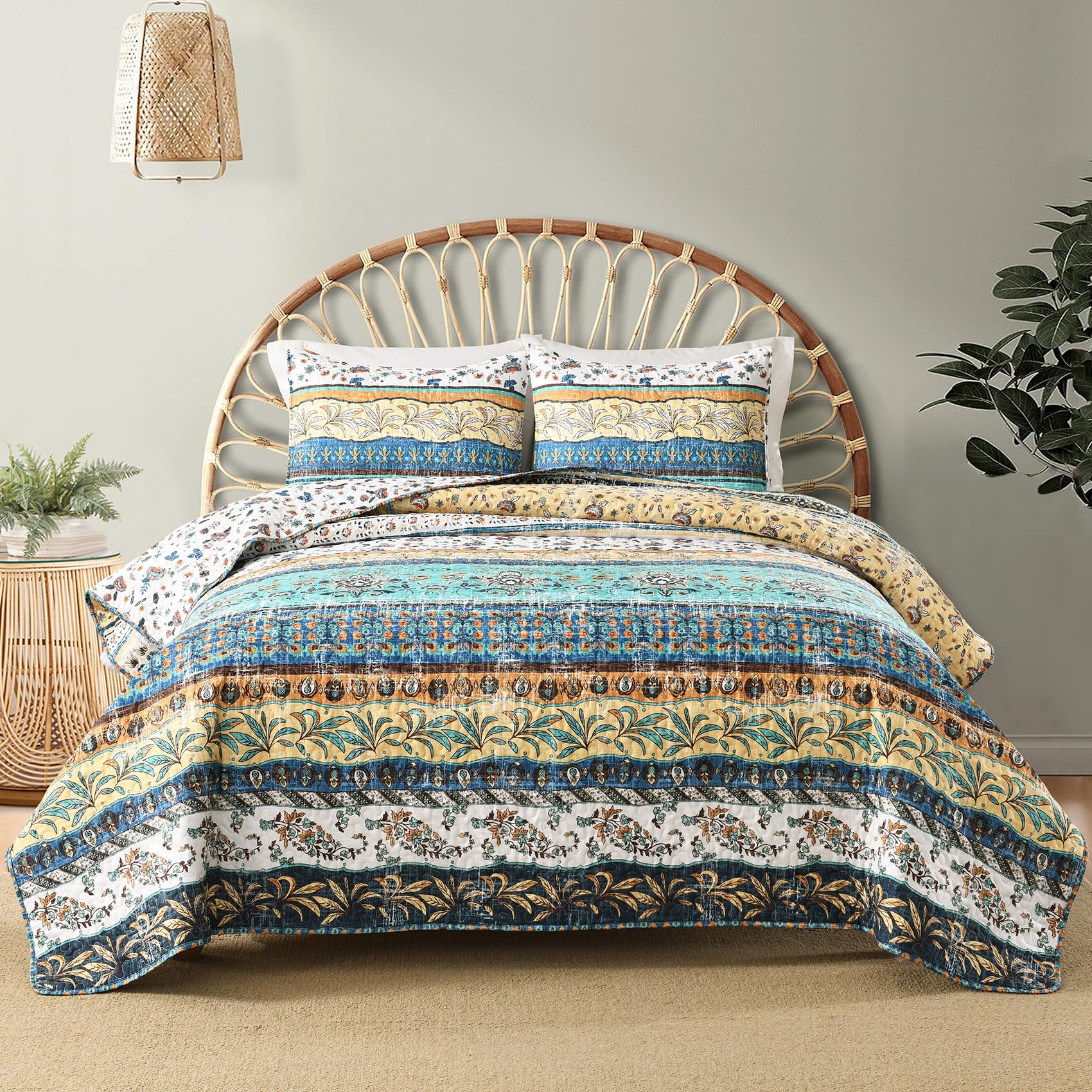 HORIMOTE HOME Boho Style Queen Quilt Set Yellow Bohemian Floral Strip Quilt Beddding Set, Soft and Lightweight Bedspread for All Season, Full Size Bed