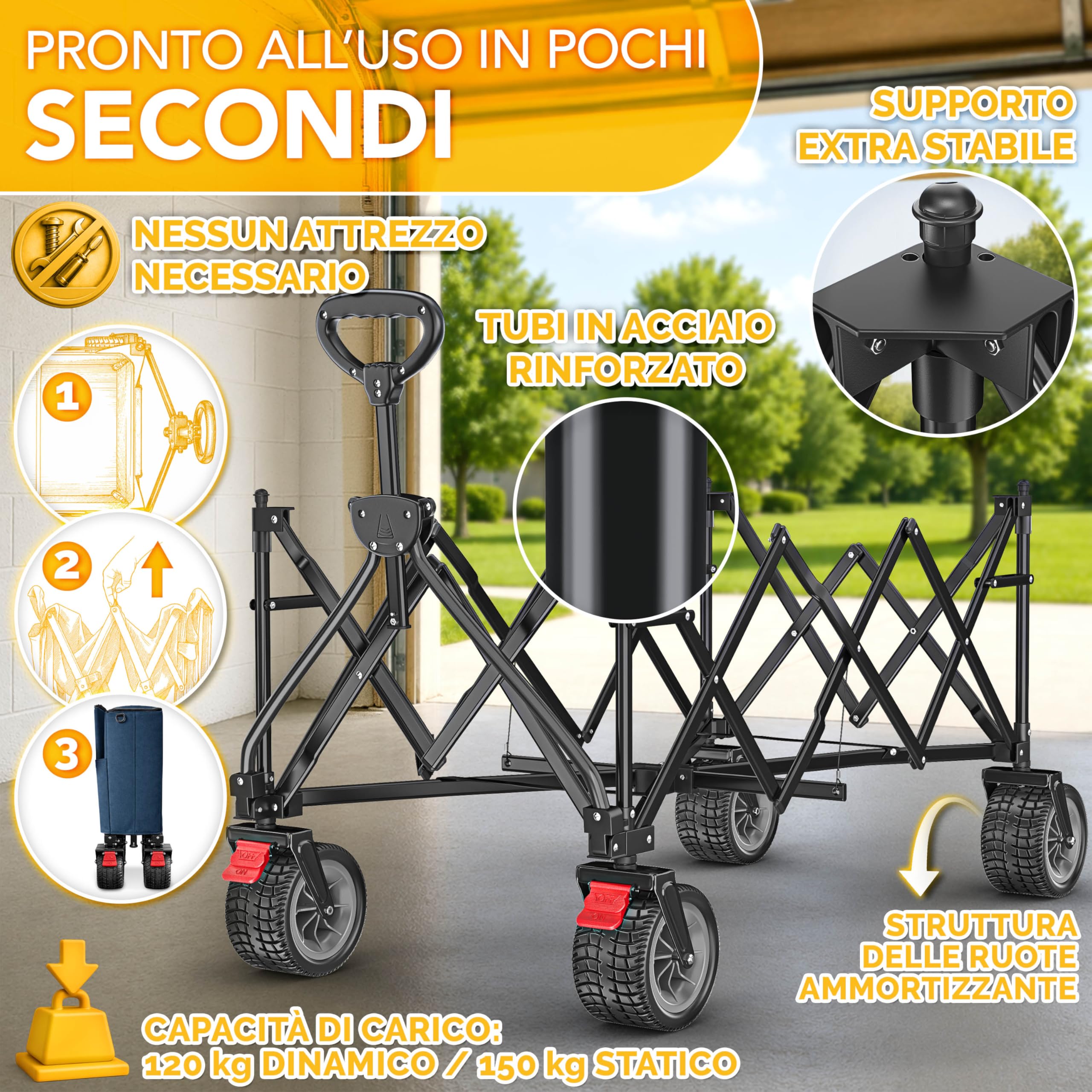 TRESKO® Carrello pieghevole da 300 l con freno, carrello pieghevole da 150 kg con pneumatici in gomma piena, pieghevole, extra large, ruote per il trasporto con borsa per il trasporto (blu)