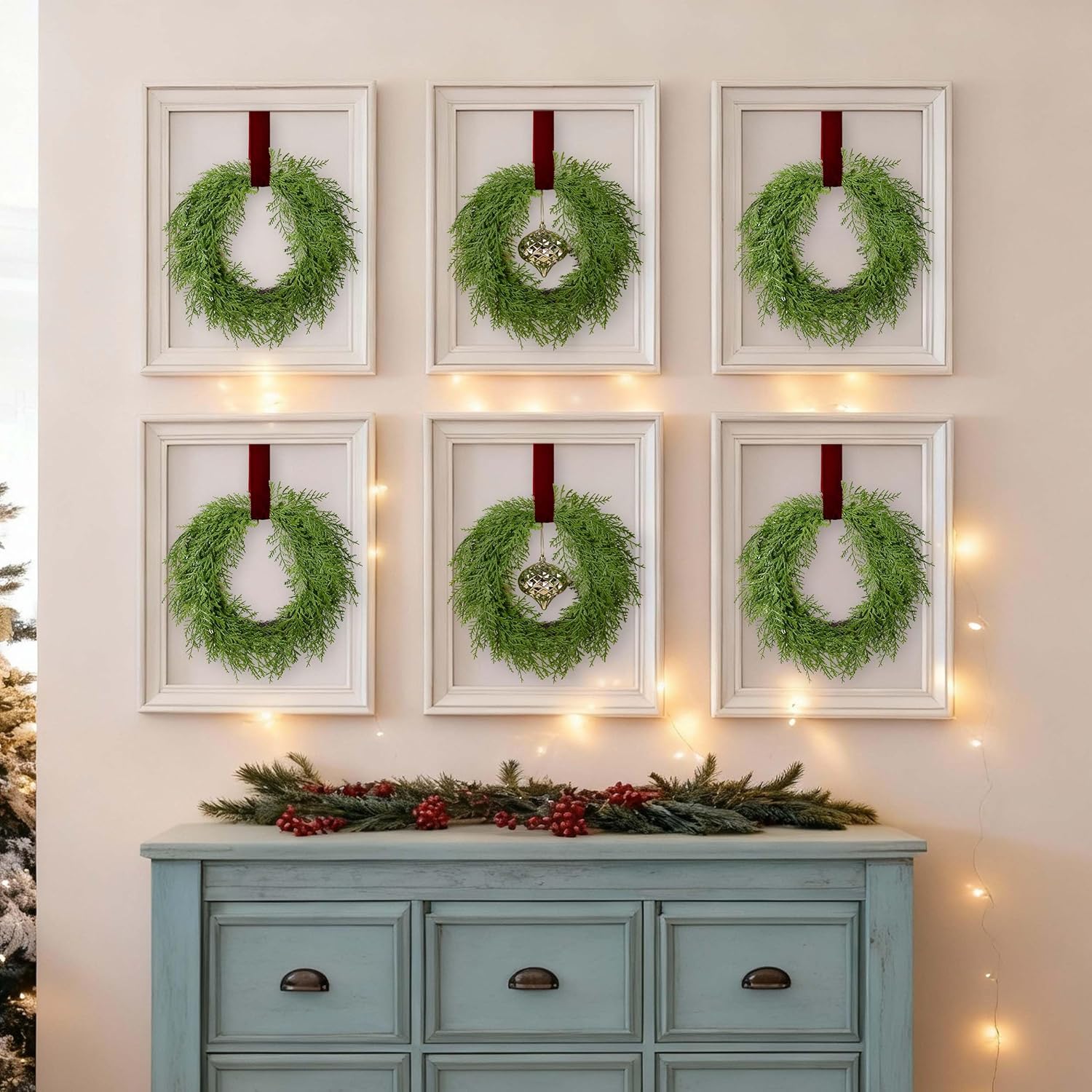 12 Inch Small Christmas Wreath Set, 3 Pack Kitchen Cabinet Chrismtas Wreath Pre-Decorated with Ball Ornaments & Ribbon, Simple Mini Cedar Wreath for Window, Chair, Wall Indoor Decoration