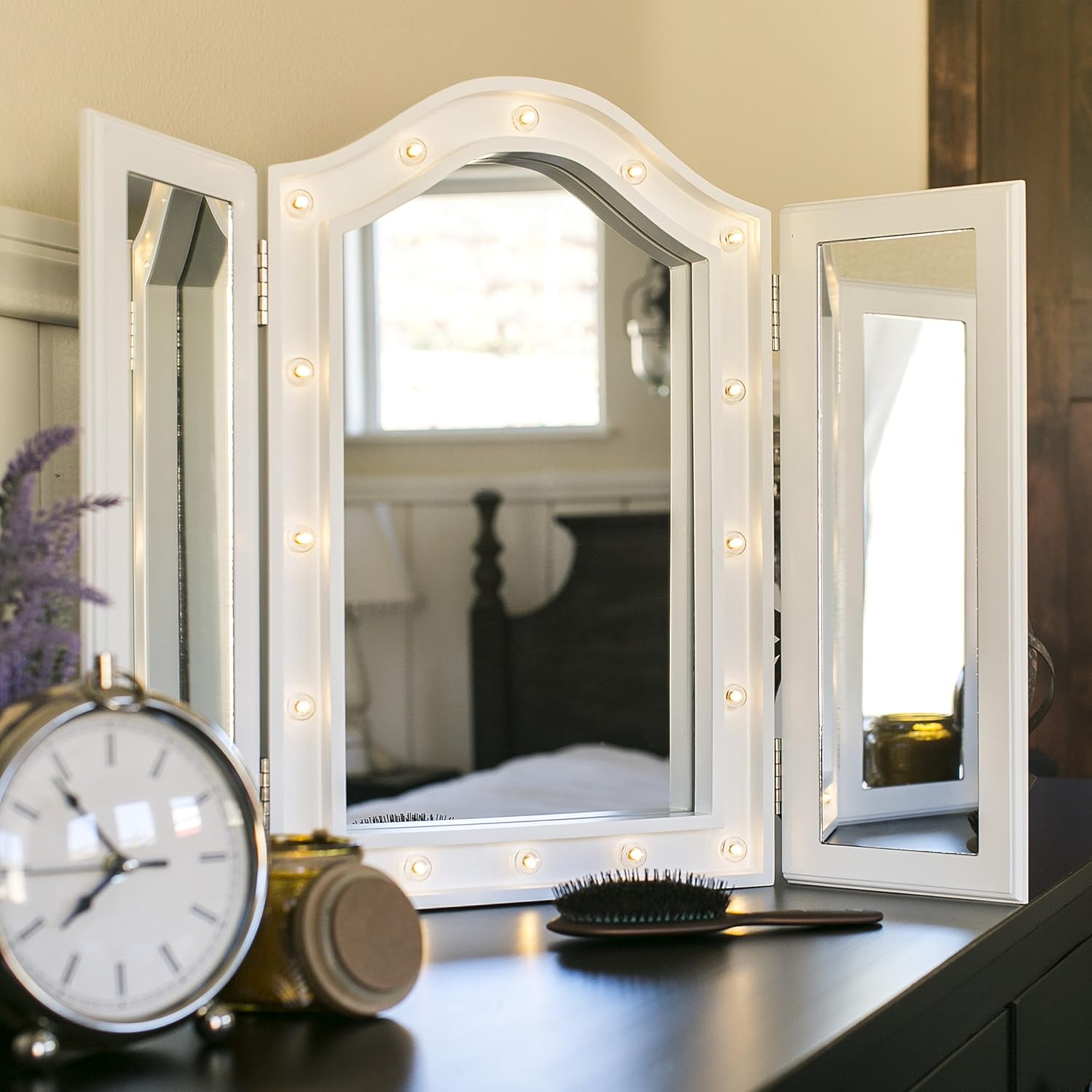 Best Choice Products Lighted Tabletop Tri-Fold Vanity Mirror Decor Accent for Bedroom, Bathroom w/ 16 LED Lights, Velvet-Lined Back, White