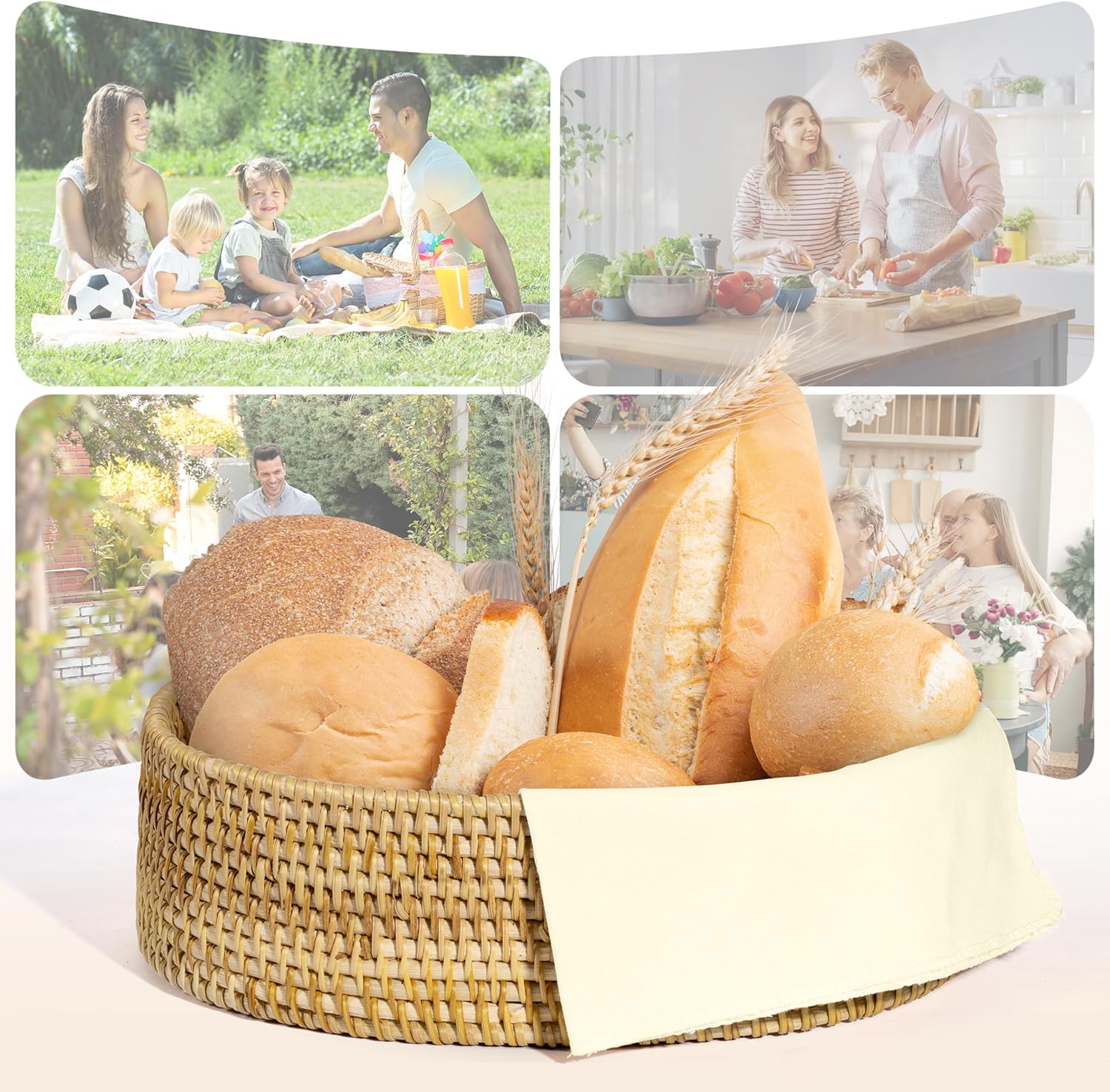 Natural Basket with Warming Stone and Cloth Cover for Serving Sourdough Bread, Fruits, Snacks, Bakers Gift for Kitchen, House Warming Gift - Vietnamese rattan