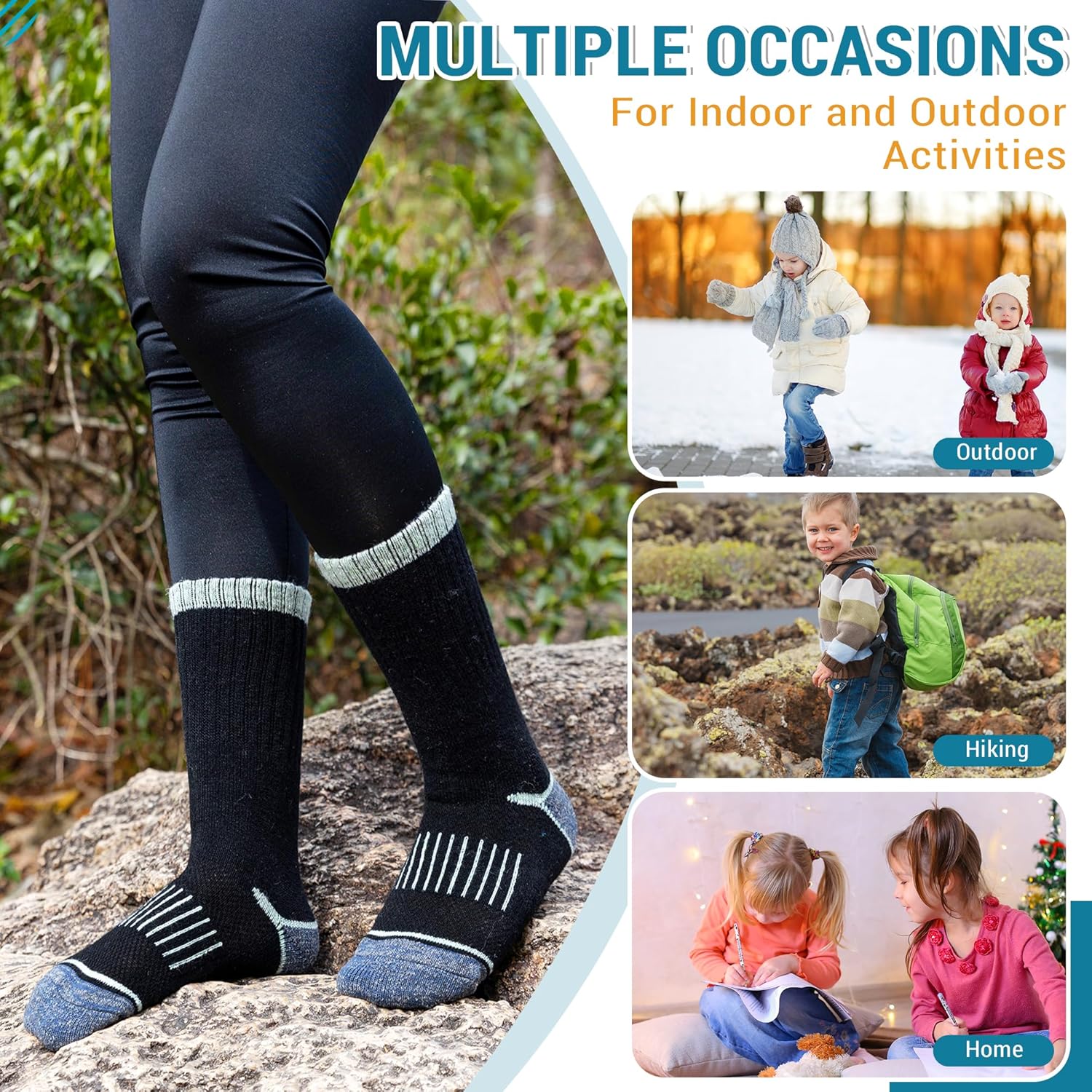 Eocom Kids Merino Wool Hiking Socks Toddlers Boys Girls Thermal Warm Winter Cushion Moisture Wicking Boot Crew Socks 6 Pairs - Image 6