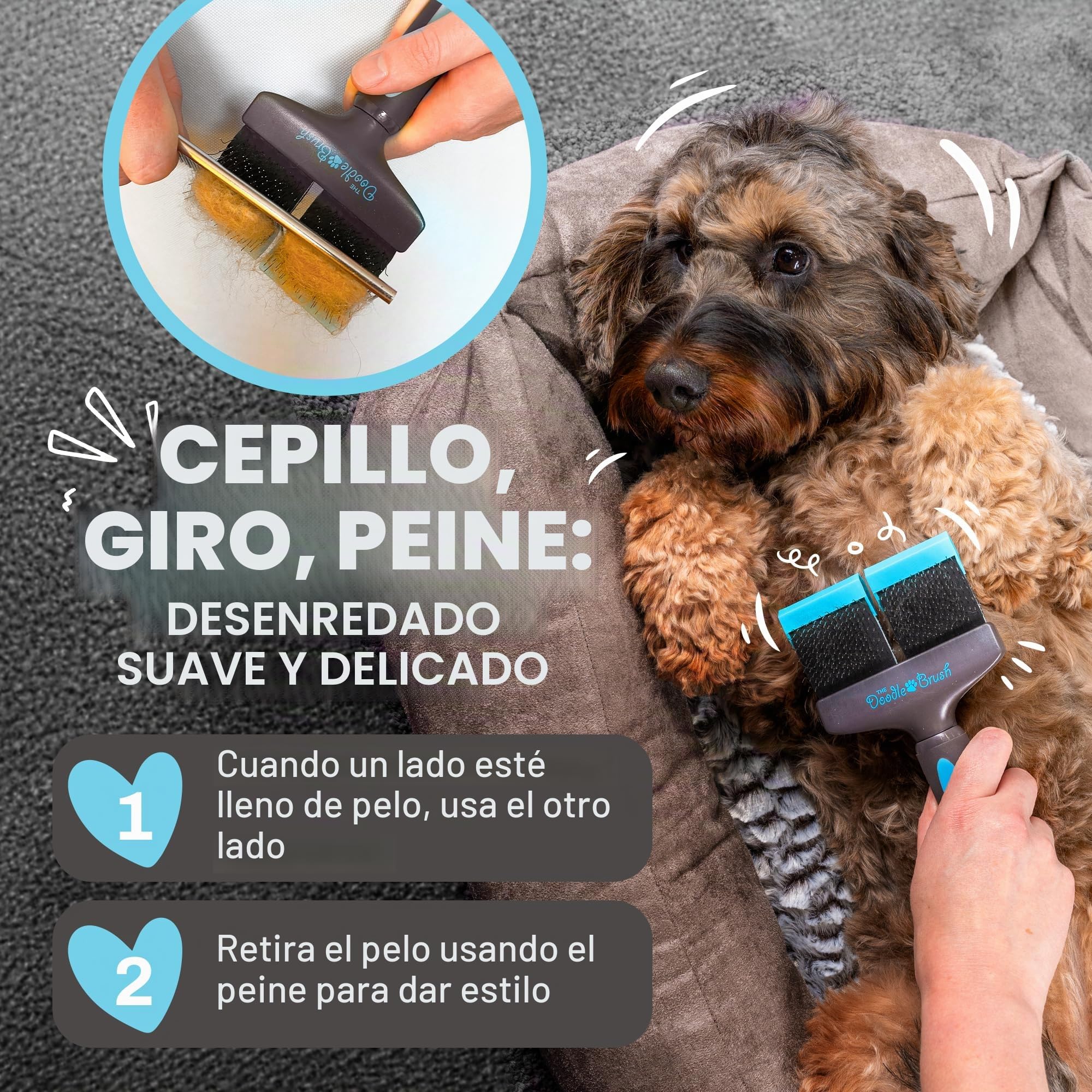 The Doodle Brush Cepillo Para Perros Doodles Con Un Doble Cabezal Goldendoodles, Labradoodle y Bernedoodle, Desenreda Pelo Largo y Rizado Kit De Aseo Para Perros Cepillo Alisador Para Erros
