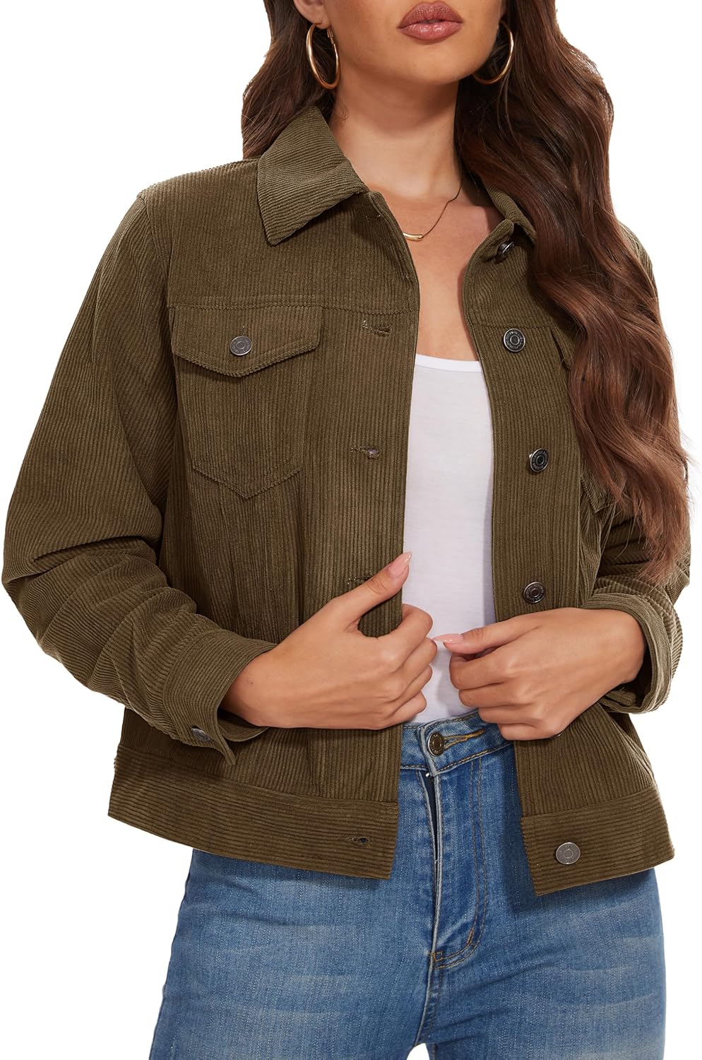 MAGCOMSEN Women's Corduroy Jacket Fashion Cropped Jackets Button Down Shacket Long Sleeve Outerwear with Flap Pockets